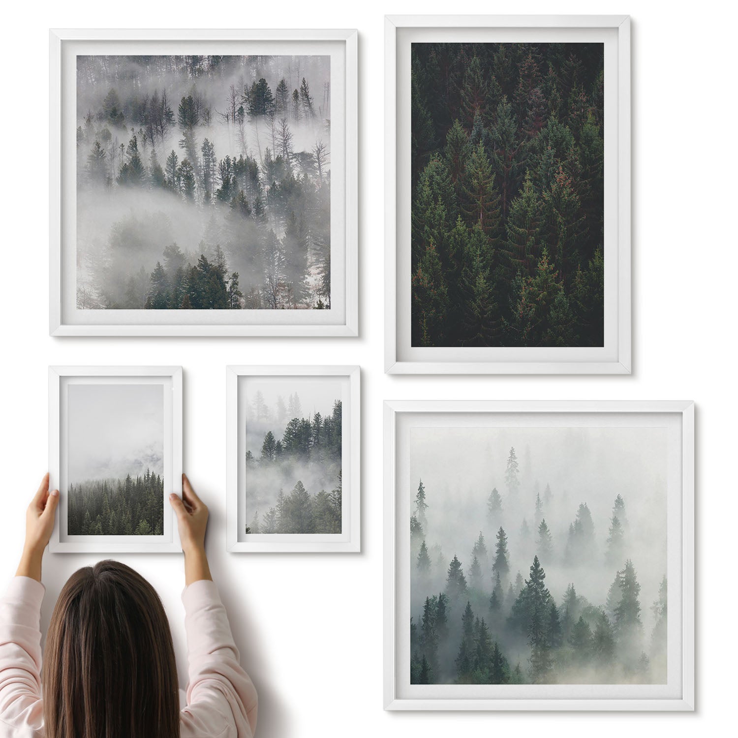 Galeria ścienna 5-częściowy komplet obrazów w białych ramach - Zielone lasy mglistych krajobrazów naturalnych widoków - ArtPrintCave
