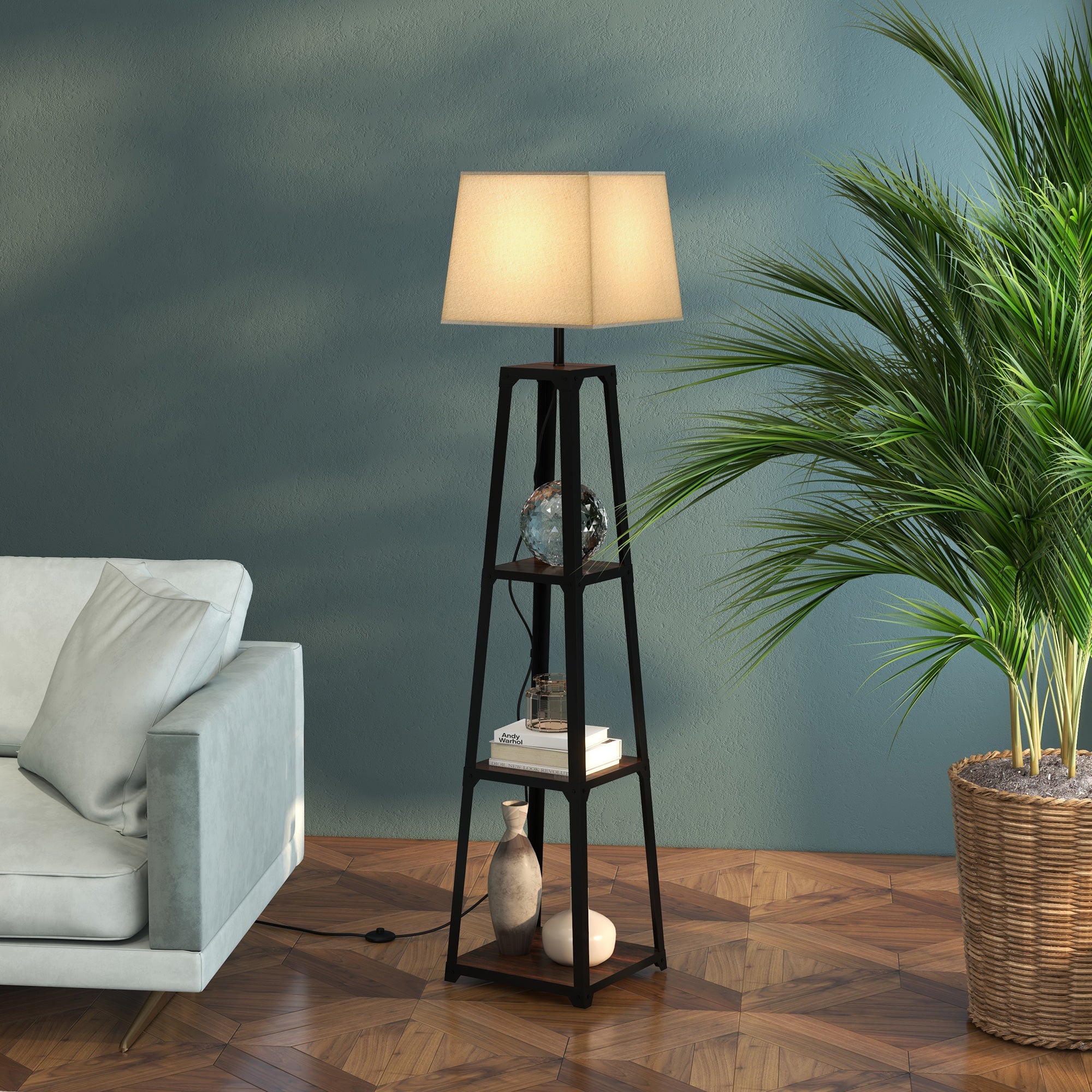 3-poziomowa lampa podłogowa z metalu i płyty MDF z abażurem z tkaniny, Ø42 x 166 cm, kolor czarny i beżowy