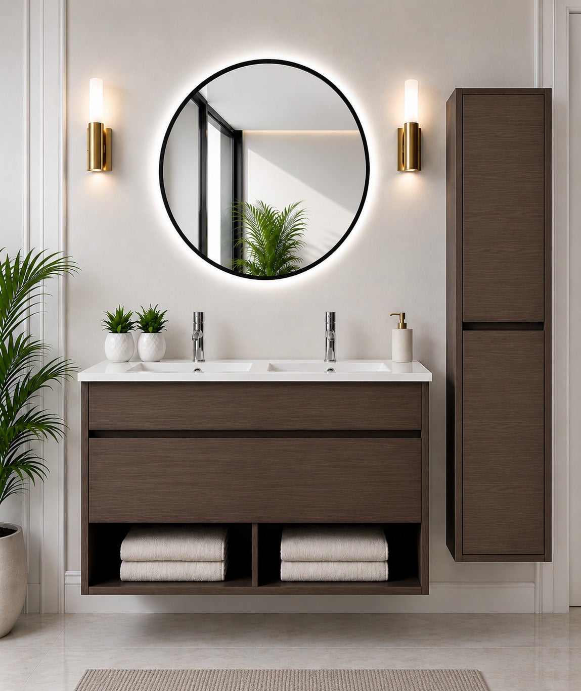 Wisząca szafka łazienkowa z umywalką ORIGENBATH NEBARI z szufladą z kolumną 120x45 cm podwójna umywalka jesion tea z kolumną