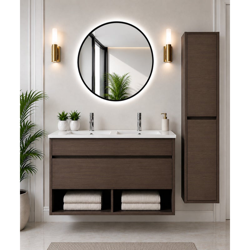 Wisząca szafka łazienkowa z umywalką ORIGENBATH NEBARI z szufladą z kolumną 120x45 cm podwójna umywalka jesion tea z kolumną