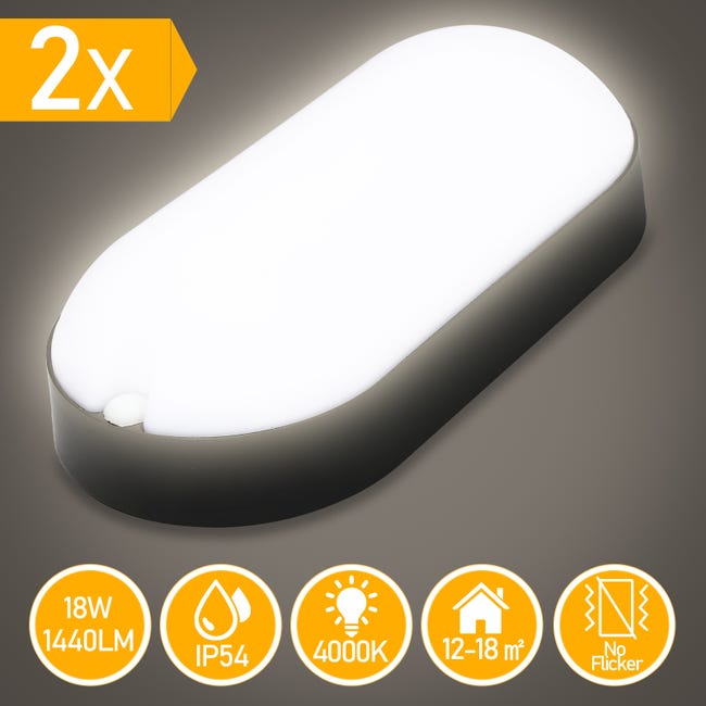 2x odporne na wilgoć lampy sufitowe LED, owalne, klasa ochrony IP54, 15 W, białe, do garażu, łazienki lub biura
