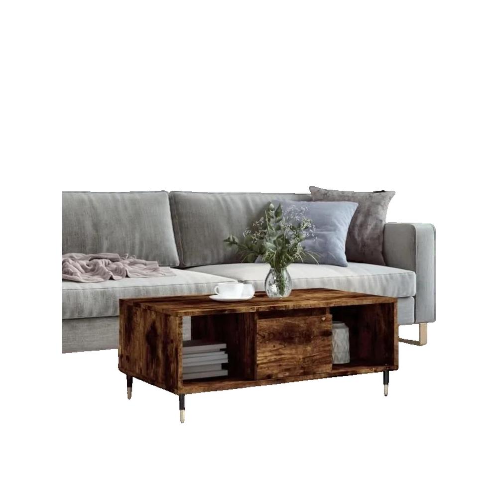Stolik kawowy vidaXL z drewna inżynieryjnego 90x50x36,5 cm z szufladą i metalowymi nogami