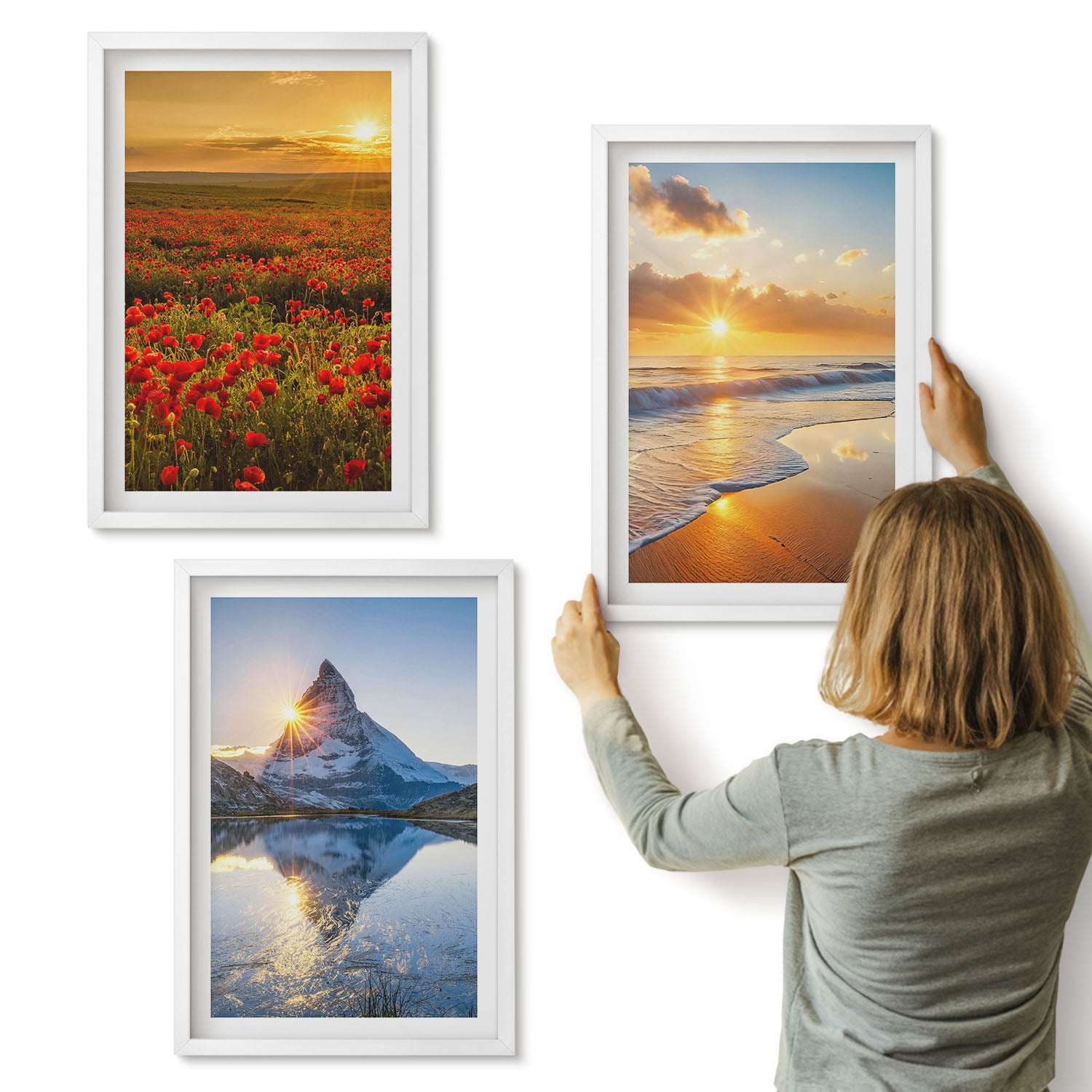 Galeria ścienna 3-częściowy komplet obrazów w białych ramach - Krajobrazy górskie i nadmorskie z zachodem słońca - ArtPrintCave