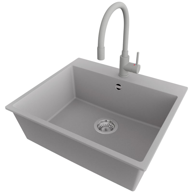 Zlewozmywak Granitowy Szary 58x50cm, Zlew Kuchenny 1 Komorowy + Bateria 38x14cm + Syfon, Nablatowy do szafki od 60cm - Ryga PRIMAGRAN