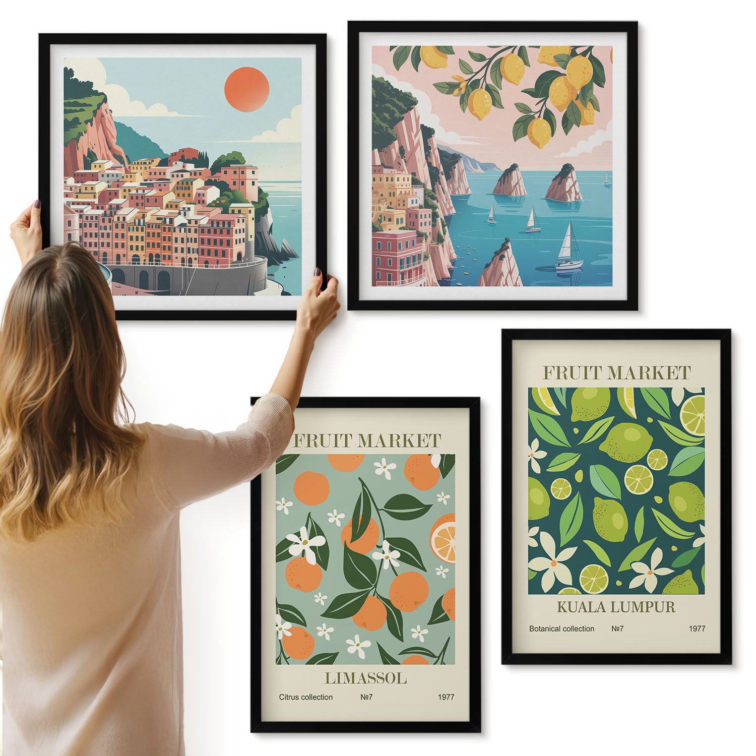 Galeria ścienna 4-częściowy komplet obrazów w czarnych ramach - Owocowe wzory postery w stylu vintage - ArtPrintCave
