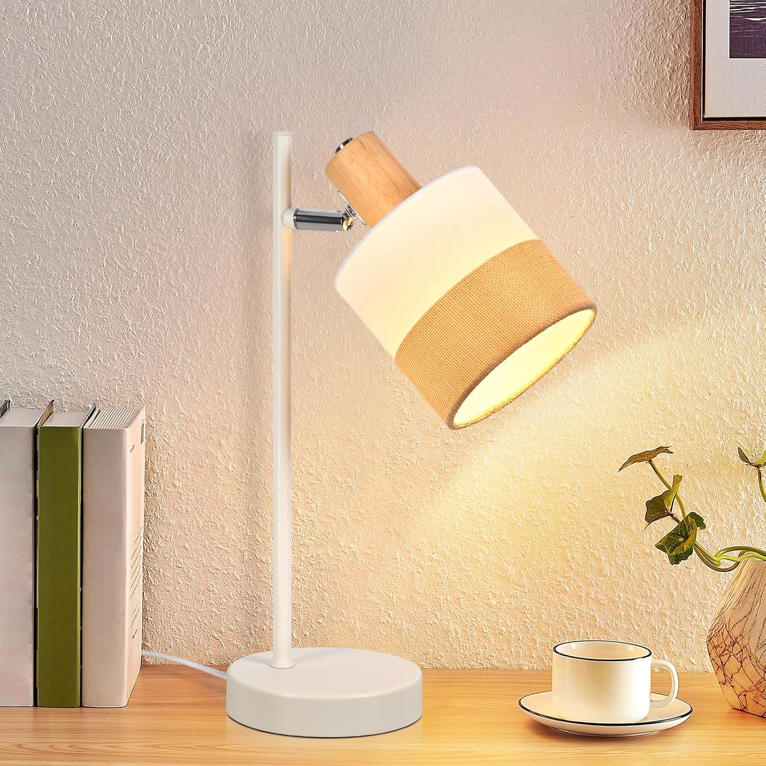Nettlife Lampa Stołowa Vintage Drewno E14, Klosz Tkanina, Obrotowa, Rustykalna do Sypialni i Biura (Brak żarówki)