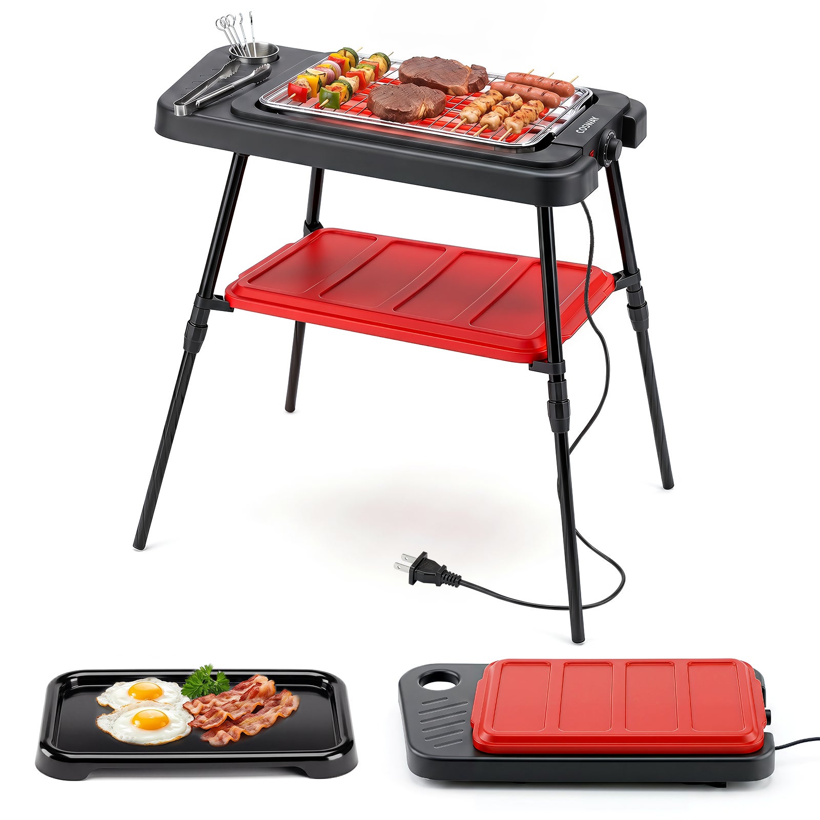 Grill elektryczny 2w1, 2000W, regulacja wysokości, płyta i grill, termostat, nóżki zdejmowane