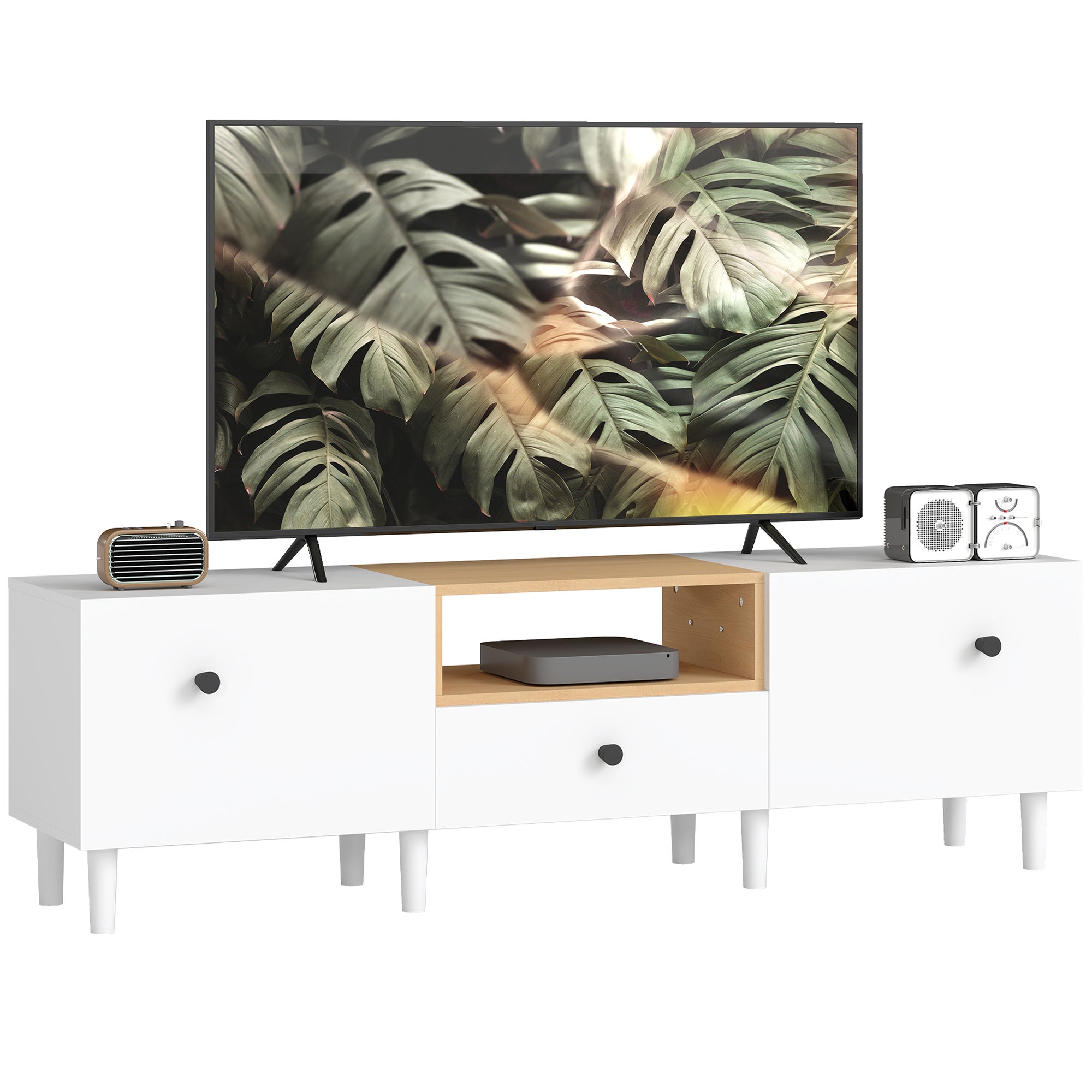 Szafka RTV, odpowiednia dla telewizorów o przekątnej do 70 cali (180 cm), z 2 drzwiami zawiasowymi, szufladami i półkami, 150 x 35 x 45 cm.
