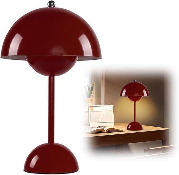Bezprzewodowa lampa stołowa LED w kształcie grzybka, 3000K-6000K, ściemnialna dotykowo, 3 tryby jasności, lampka nocna w stylu retro (czerwony kolor w