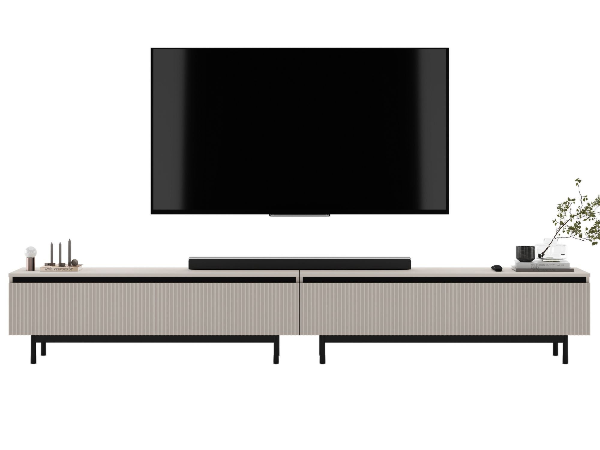 Nowoczesna szafka RTV Glamour 280 cm kaszmir mat, czarne ramy, komoda RTV do eleganckiego salonu