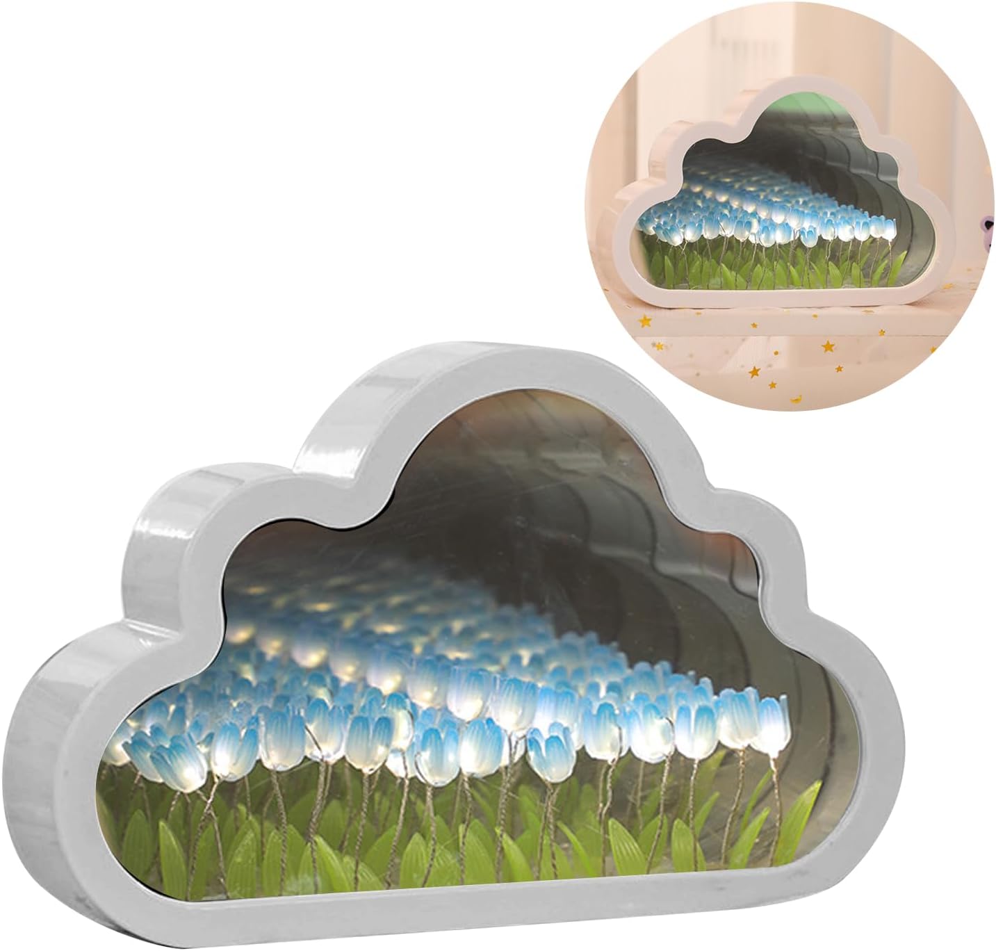 Lampa lustrzana LED Tulip Cloud–20 kwiatów, chmurka, ręcznie robiona, dekoracyjna lampa stołowa do sypialni, dla par i przyjaciół (niebieska)