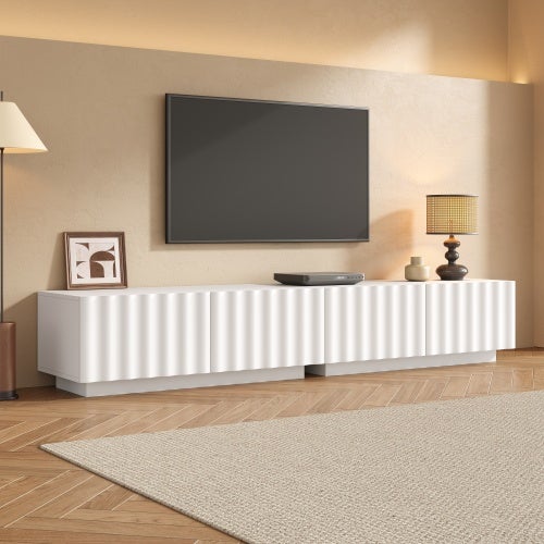 Nowoczesna szafka RTV 200x40x35 cm - Z 4 szufladami - Duży blat - MDF + płyta wiórowa - Biała