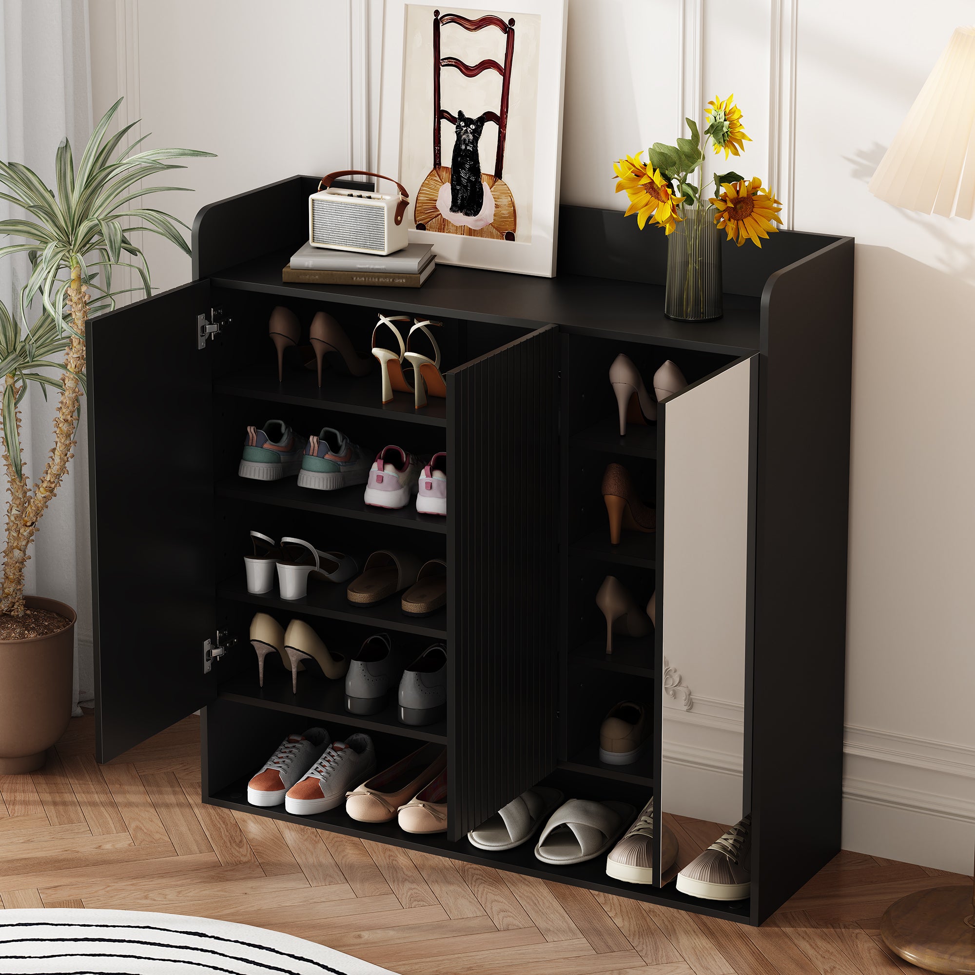 Szafka na buty 110x35,5x110 cm - z lustrem - z 3 drzwiami - MDF - czarna