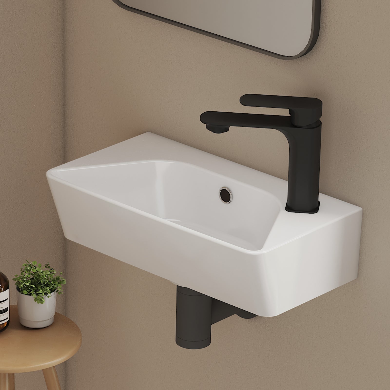 EMKE Umywalka ceramiczna 40x22,5x13 cm, Umywalka ścienna Compacto, otworem na baterię po prawej stronie, z przelewem, brylantowa biel