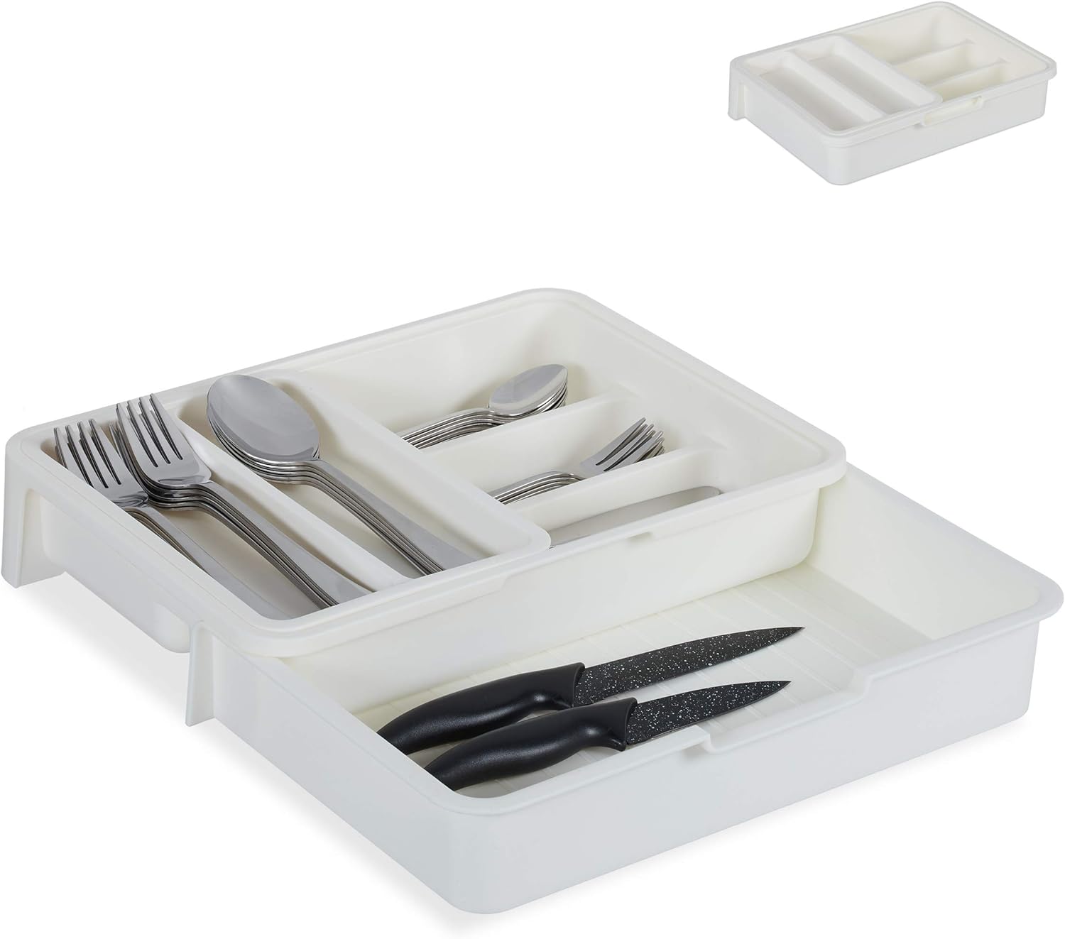 Pojemnik na sztućce, 7 przegródek, 6x23,5x31,5 cm, biały, rozsuwany, na przybory kuchenne, z tworzywa sztucznego