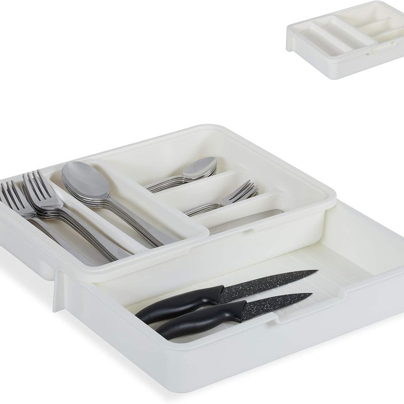 Pojemnik na sztućce, 7 przegródek, 6x23,5x31,5 cm, biały, rozsuwany, na przybory kuchenne, z tworzywa sztucznego