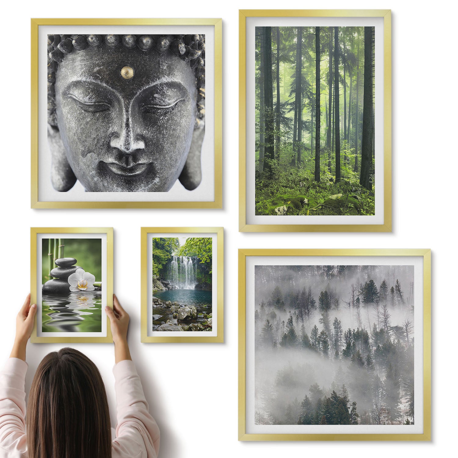 Galeria ścienna 5-częściowy komplet obrazów w złotych ramach - Relaksujące motywy natury z elementami zen i wodospadami - ArtPrintCave