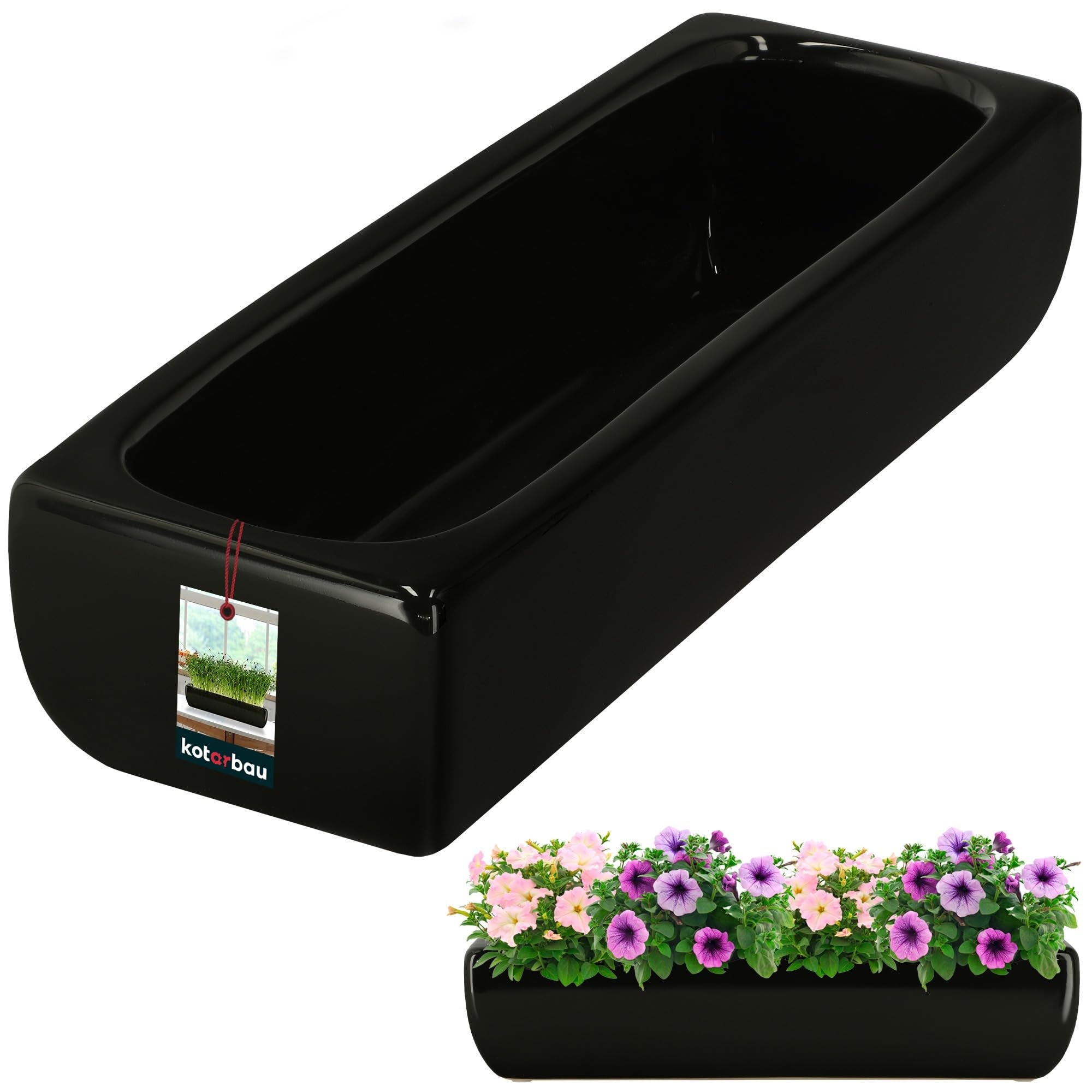 Doniczka donica ceramiczna szkliwiona czarna podłużna kwiaty rośliny 31 cm - KOTARBAU