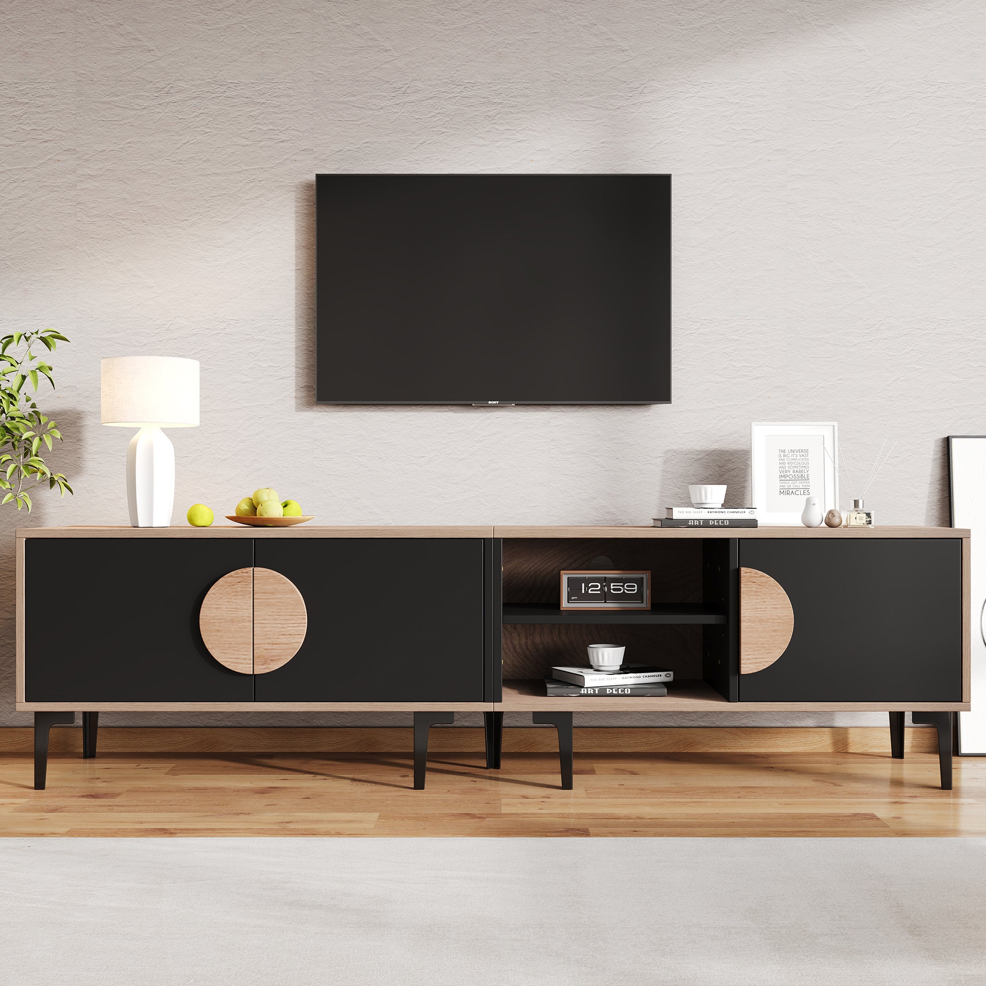 Meble pod TV 180x35x49 cm - z 3 frontami - Otwarte półki - Płyty wiórowe - Kolor naturalny i czarny