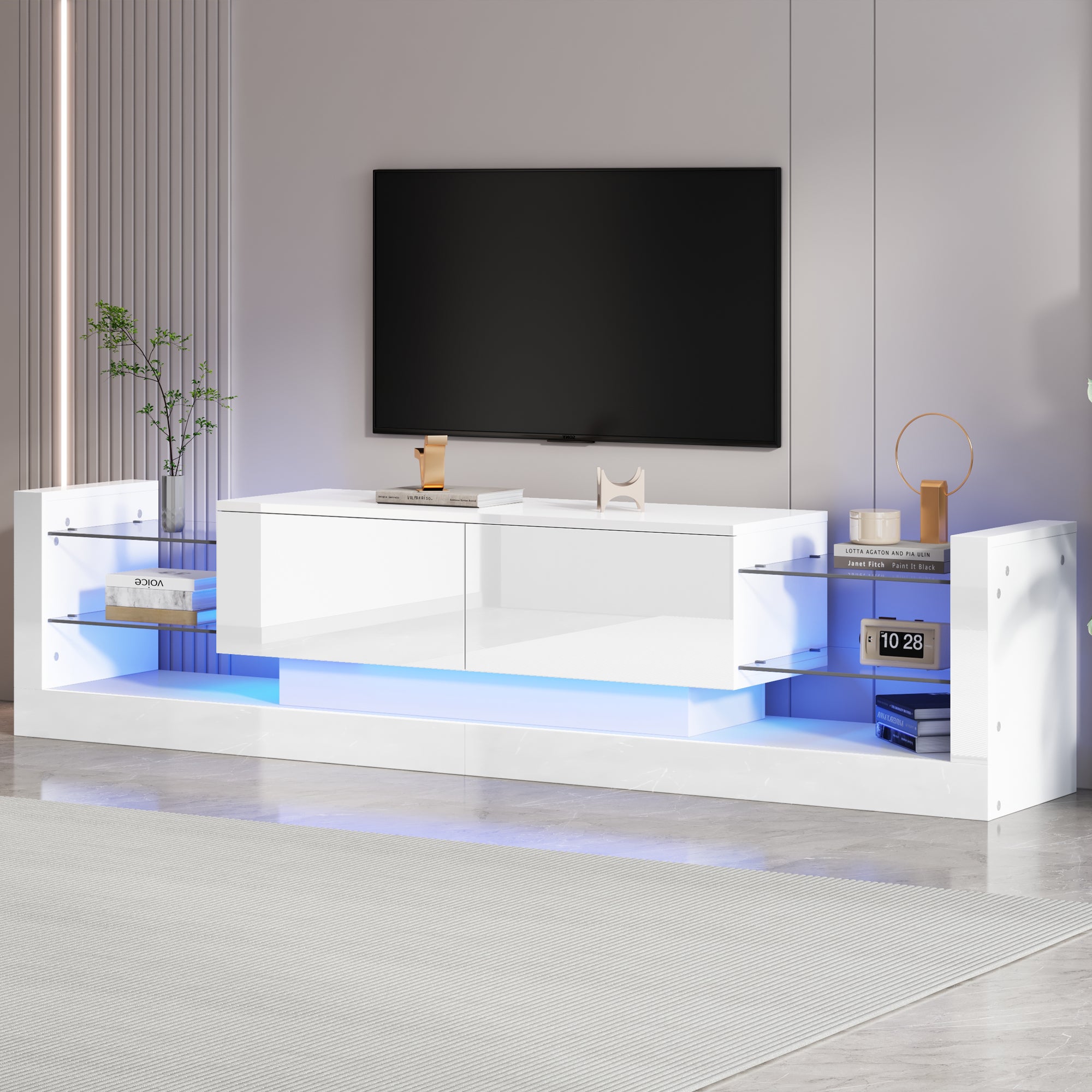 Szafka TV z oświetleniem LED, 181 cm - Na telewizory do 80 cali, szklana przód, biały, 2 skrzydła