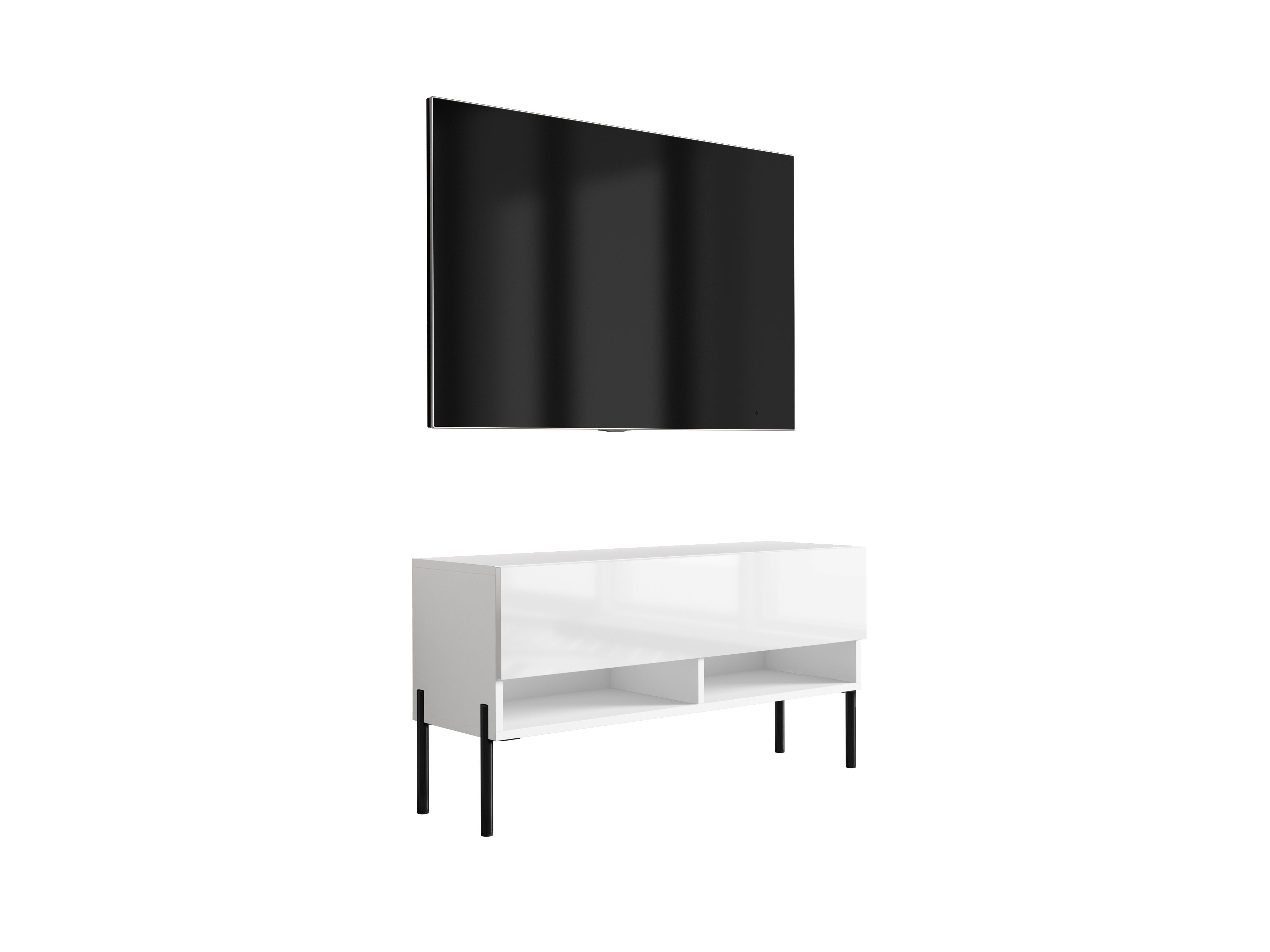 Szafka pod telewizor 100 cm Biały Mat / Biały Połysk, nóżki proste czarne, 100 × 32 × 52 cm