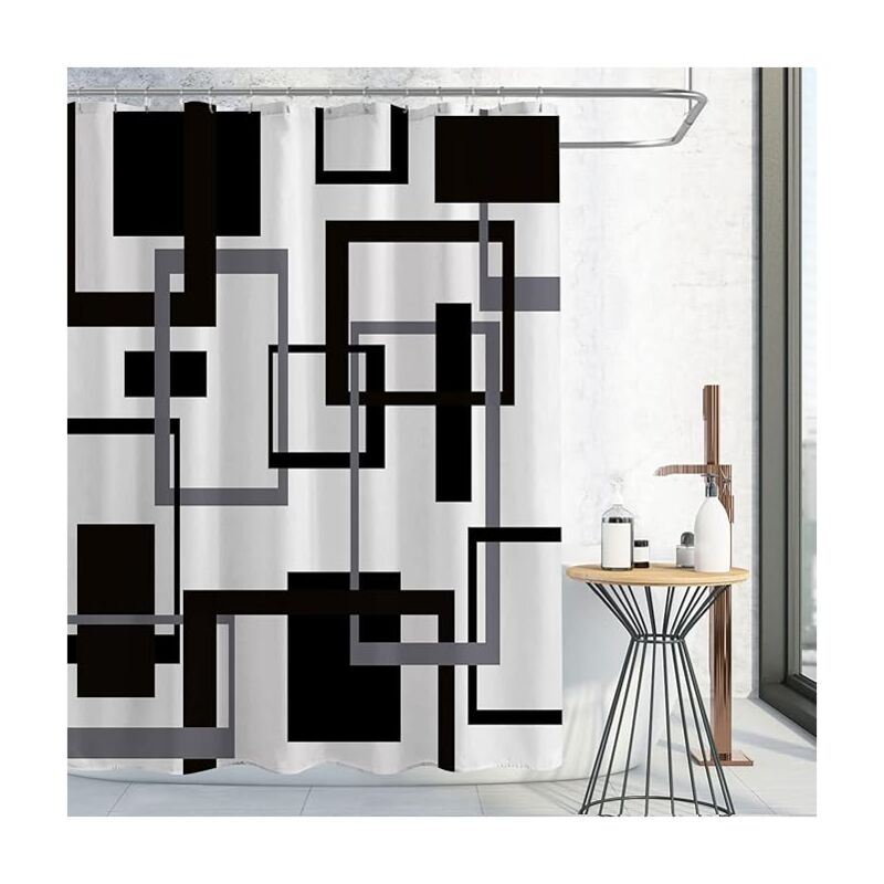 Czarno-szara geometryczna zasłona prysznicowa z tkaniny, wodoodporna minimalistyczna abstrakcyjna nowoczesna zasłona prysznicowa w stylu mid-century