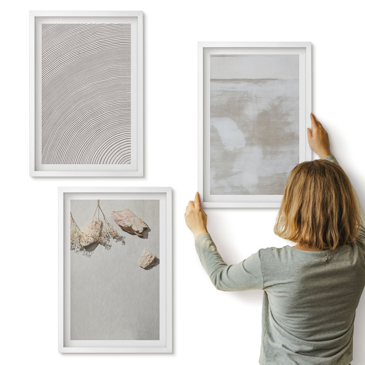 Galeria ścienna 3-częściowy komplet obrazów w białych ramach - Piasek kamienie i wytarta tekstura boho styl - ArtPrintCave