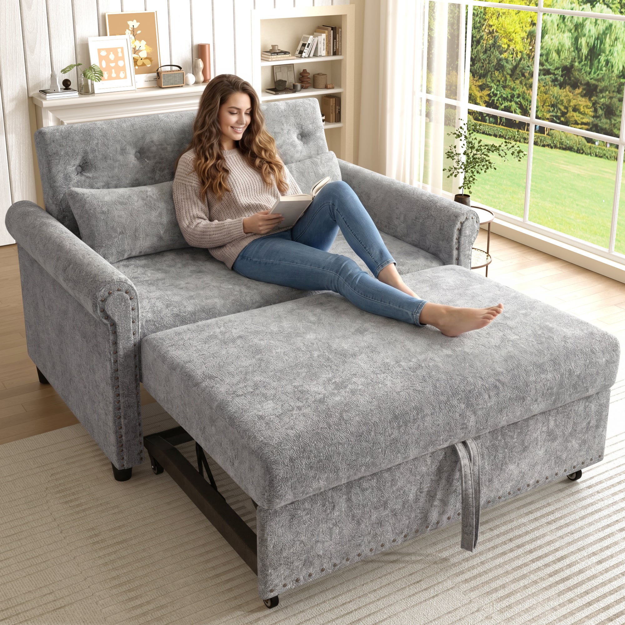 2-osobowa rozkładana sofa Chenille, sofa 3 w 1 z 3-poziomową regulacją oparcia i wysuwaną ramą, łóżko dla gości 170 cm – szara