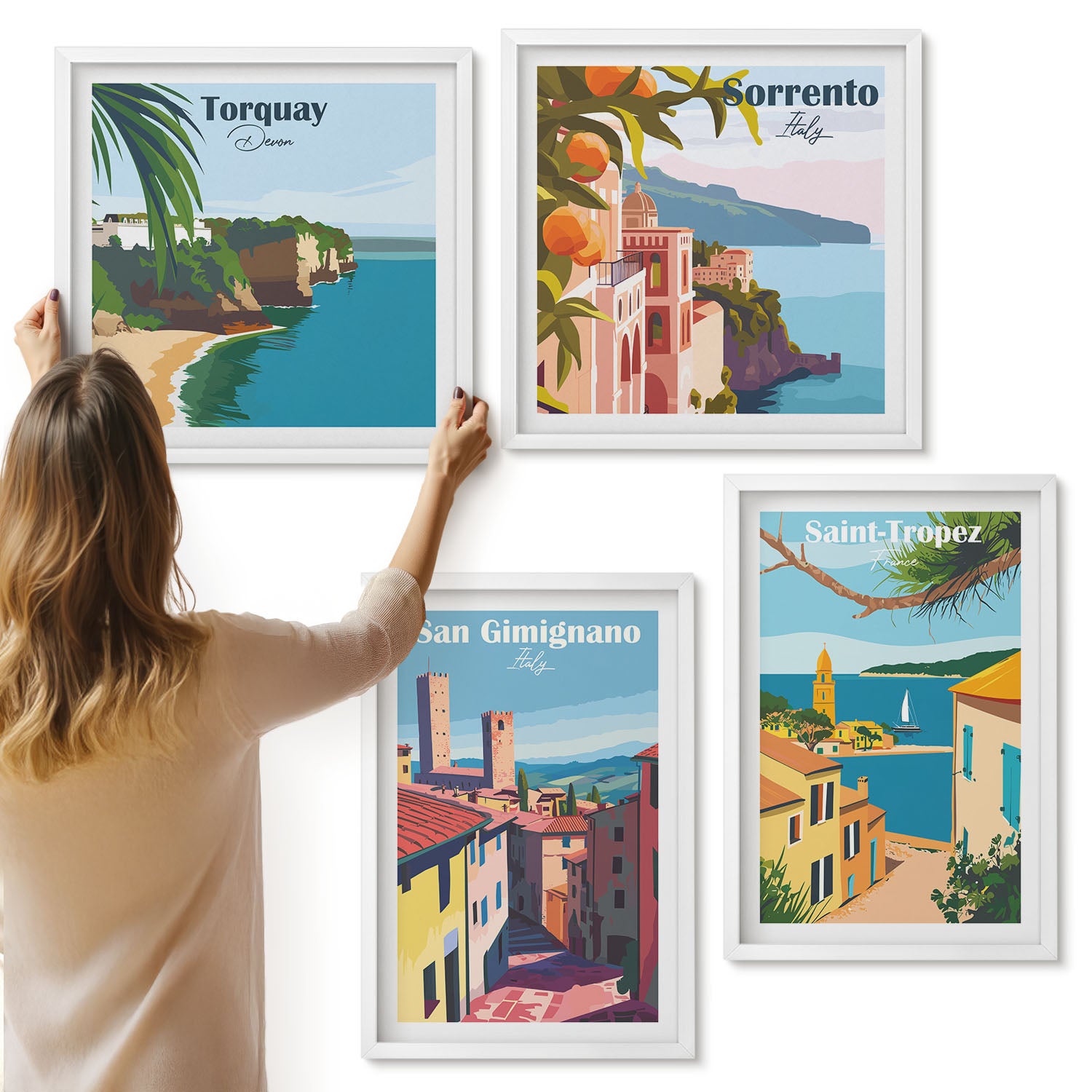 Galeria ścienna 4-częściowy komplet obrazów w białych ramach - Włoskie miasteczka i nadmorskie krajobrazy retro - ArtPrintCave