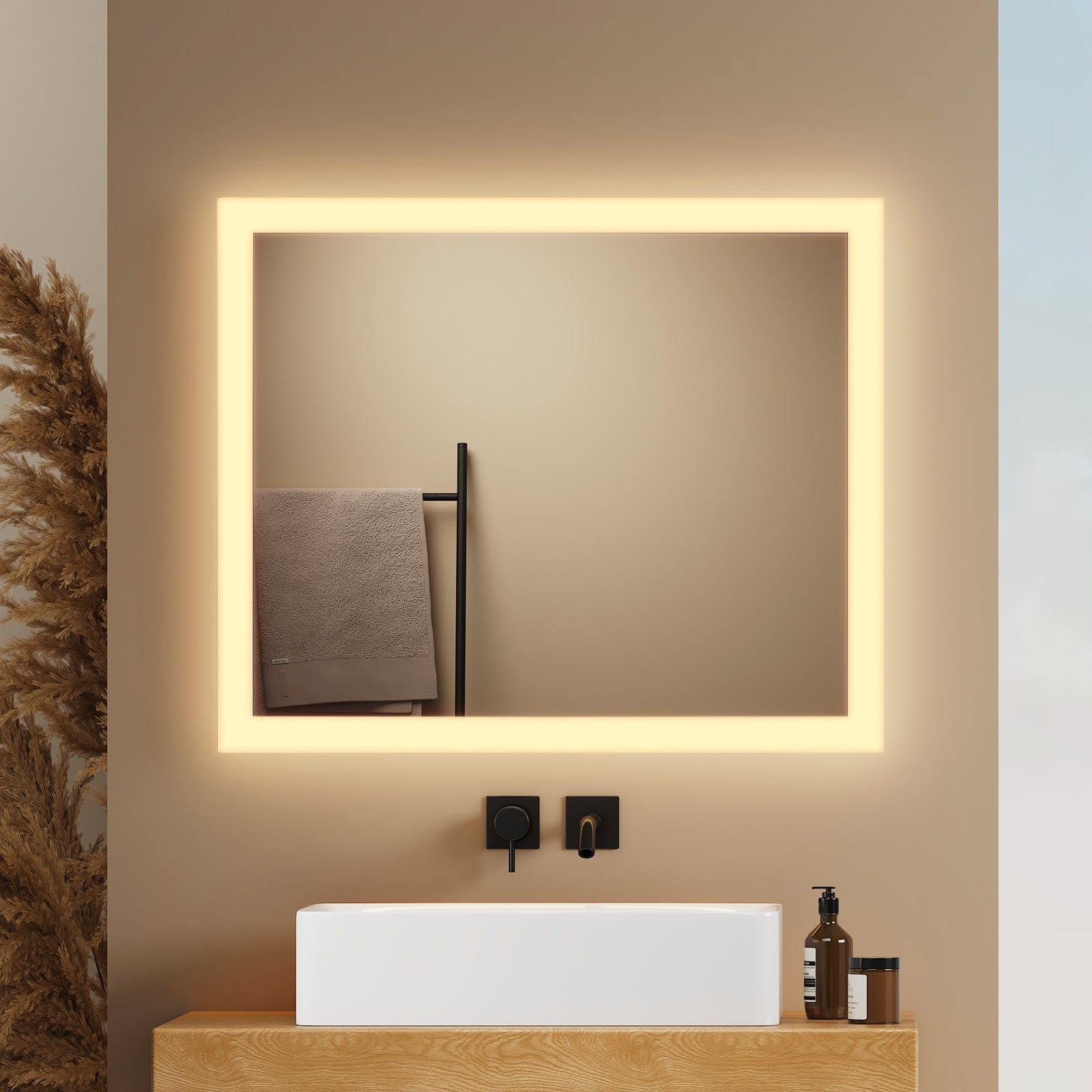 EMKE Lustro łazienkowe z oświetleniem LED 50x60 cm, z Przeciwmgielne, przełącznikiem przyciskowym, Lustro z zimnym/ciepłym białym podświetleniem