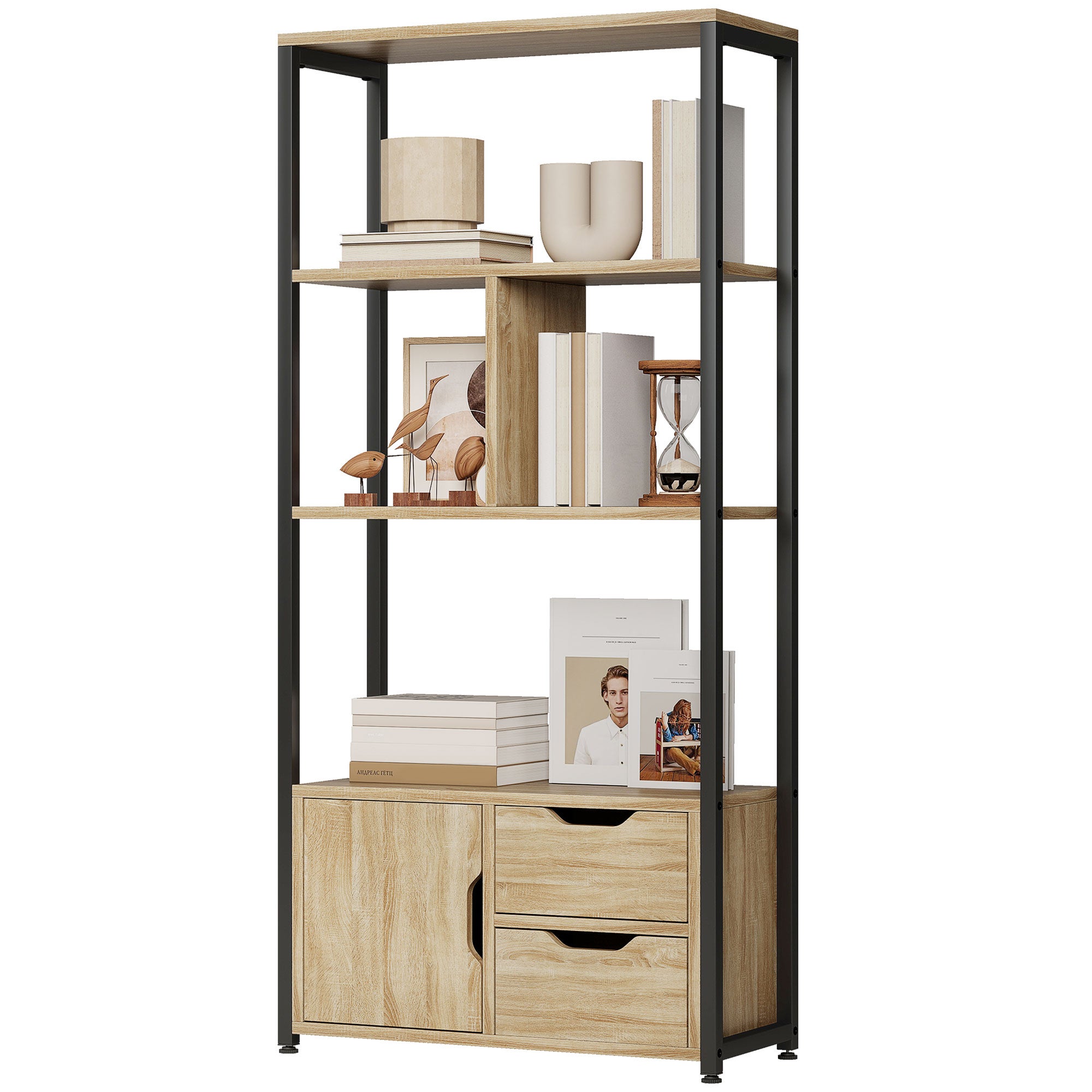 Regał w stylu industrialnym z 3 półkami, drzwiami szafki i 2 szufladami, 58 x 24 x 122 cm, imitacja naturalnego drewna, czarna stal