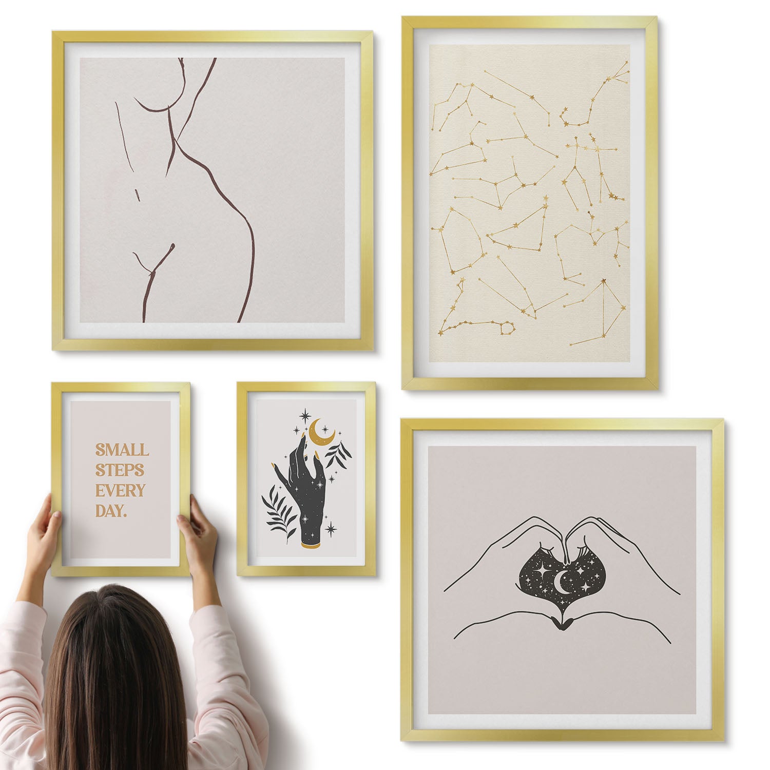 Galeria ścienna 5-częściowy komplet obrazów w złotych ramach - Minimalistyczne motywy z inspiracjami kosmicznymi i naturą - ArtPrintCave