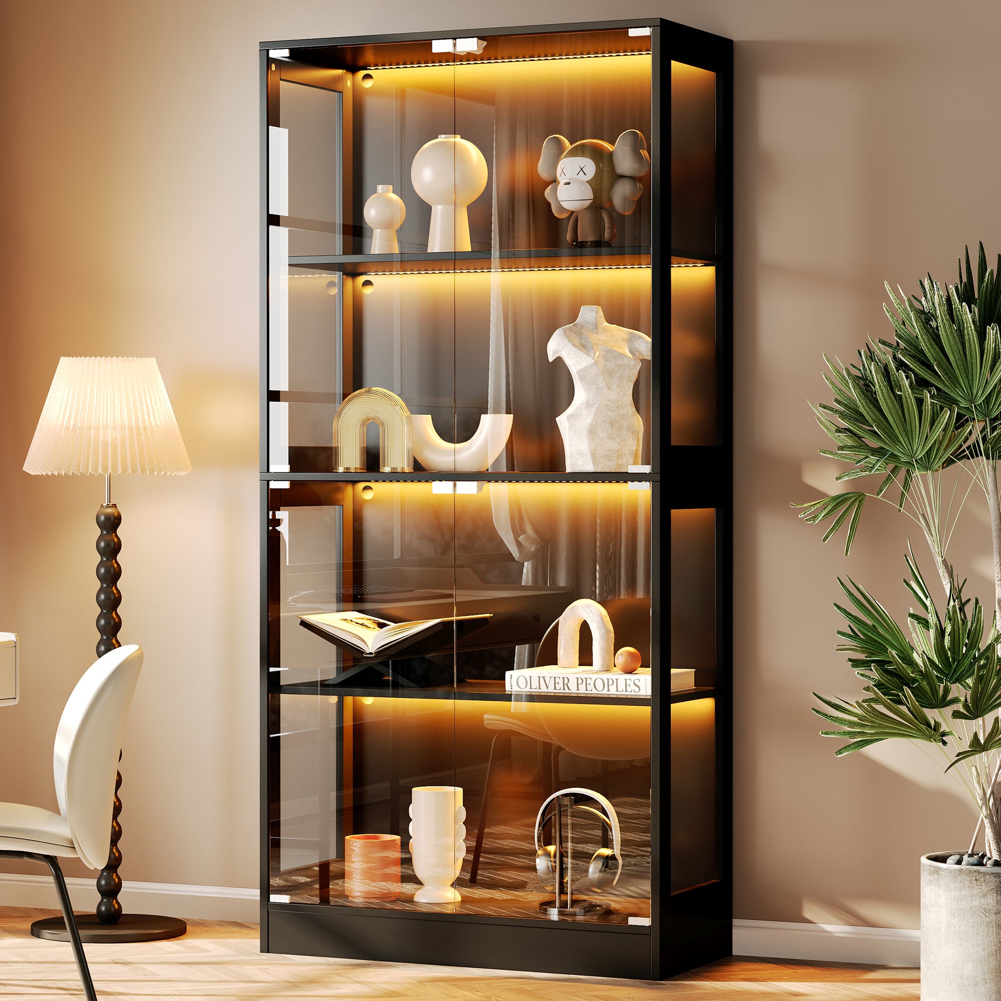 Witryna z 4 drzwiami - 80 x 35 x 170 cm - Płyta MDF i szkło - Uchwyty metalowe - Oświetlenie LED sterowane za pomocą aplikacji - Czarny
