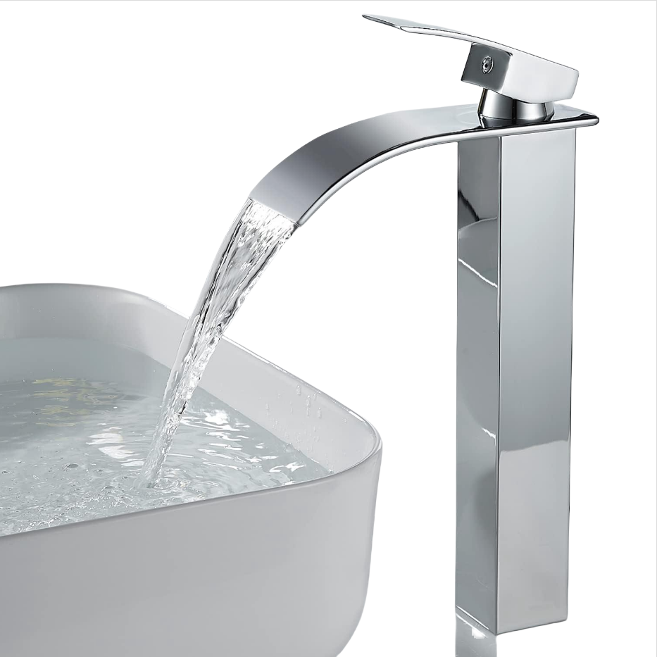 Duża nowoczesna bateria umywalkowa z kaskadą z dostępną ciepłą i zimną wodą chromowana bateria kaskadowa bateria kaskadowa Silver Natural Bend wysoka