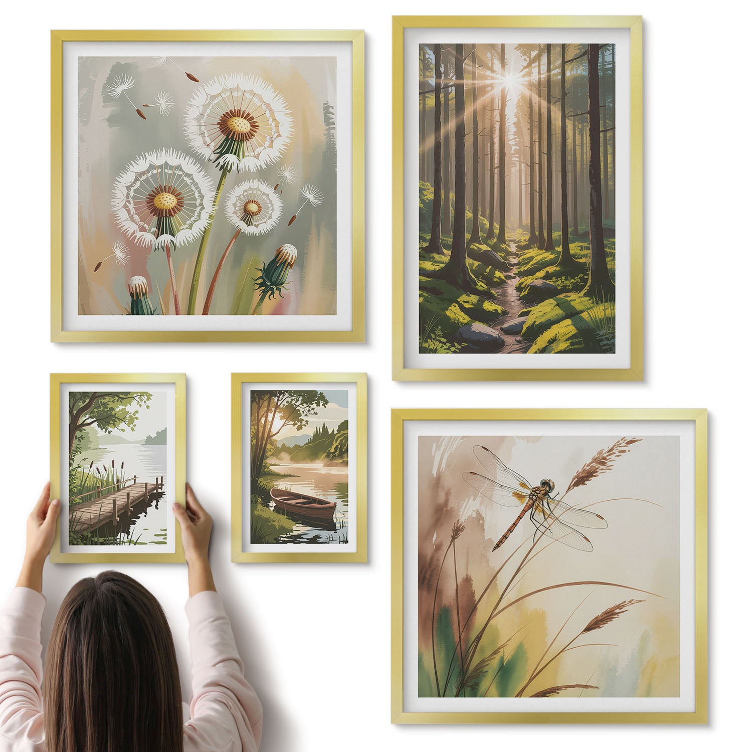 Galeria ścienna 5-częściowy komplet obrazów w złotych ramach - Leśne pejzaże z naturą i spokojem w tle - ArtPrintCave