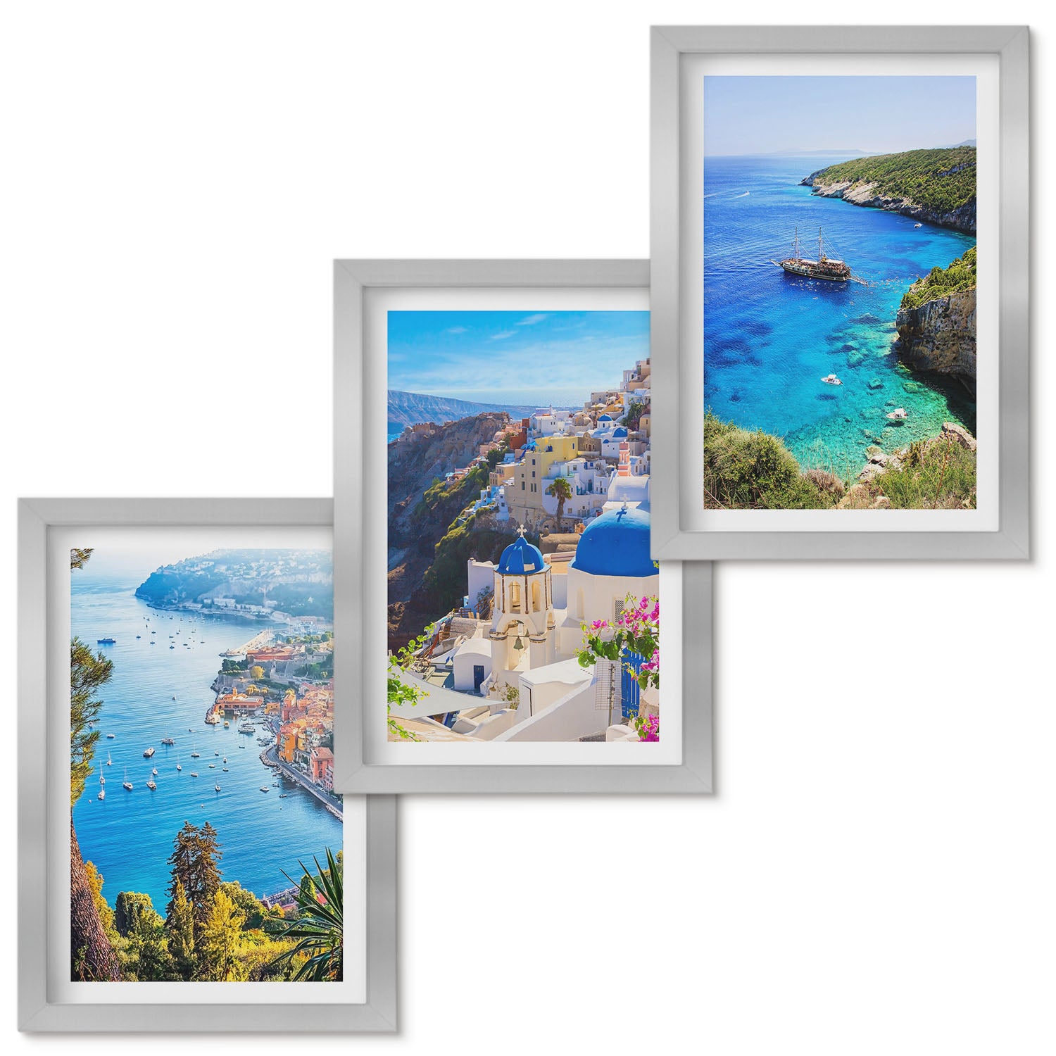Zestaw obrazów w ramie - 3 części | Greckie nadmorskie widoki i Santorini miasto Oia | Srebrna ramka