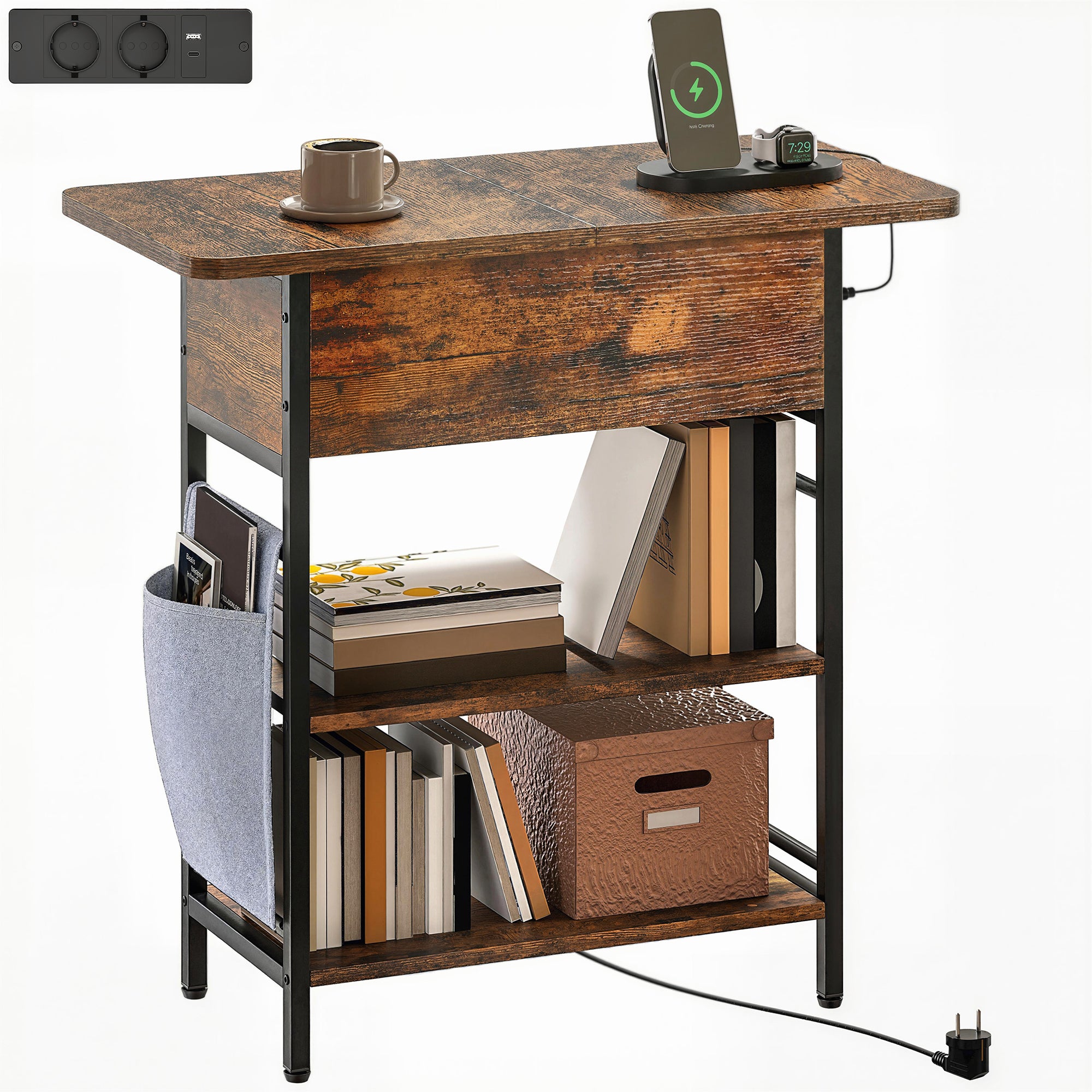 Stolik nocny/boczny z listwą zasilającą, 2 półki, porty USB, miejsce do przechowywania, 60 x 29,8 x 58,5 cm, rustykalny brąz