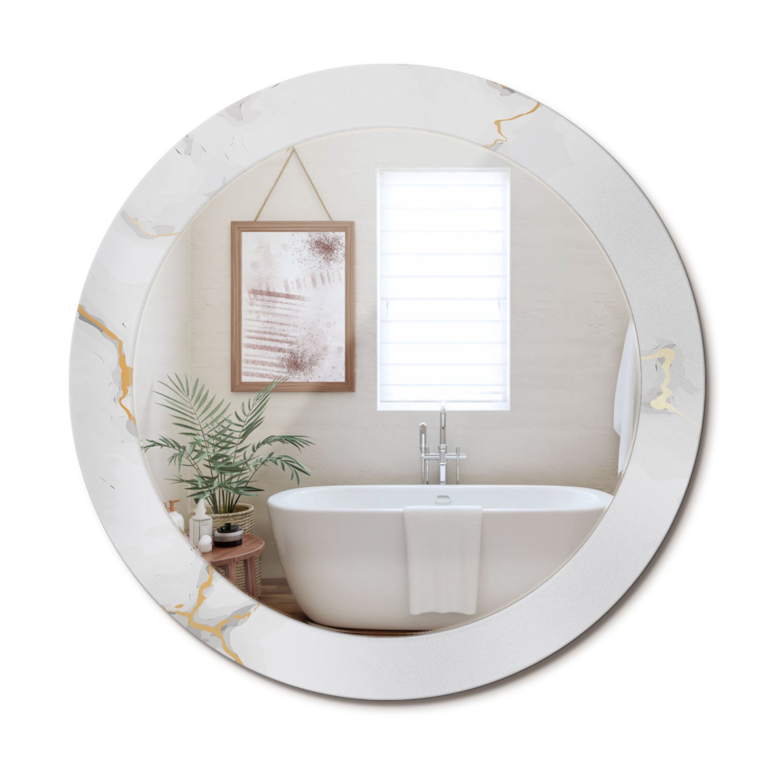 Lustro ścienne dekoracyjne – okrągłe, szklana rama, styl modern Biały marmurek - 70 cm - ArtPrintCave