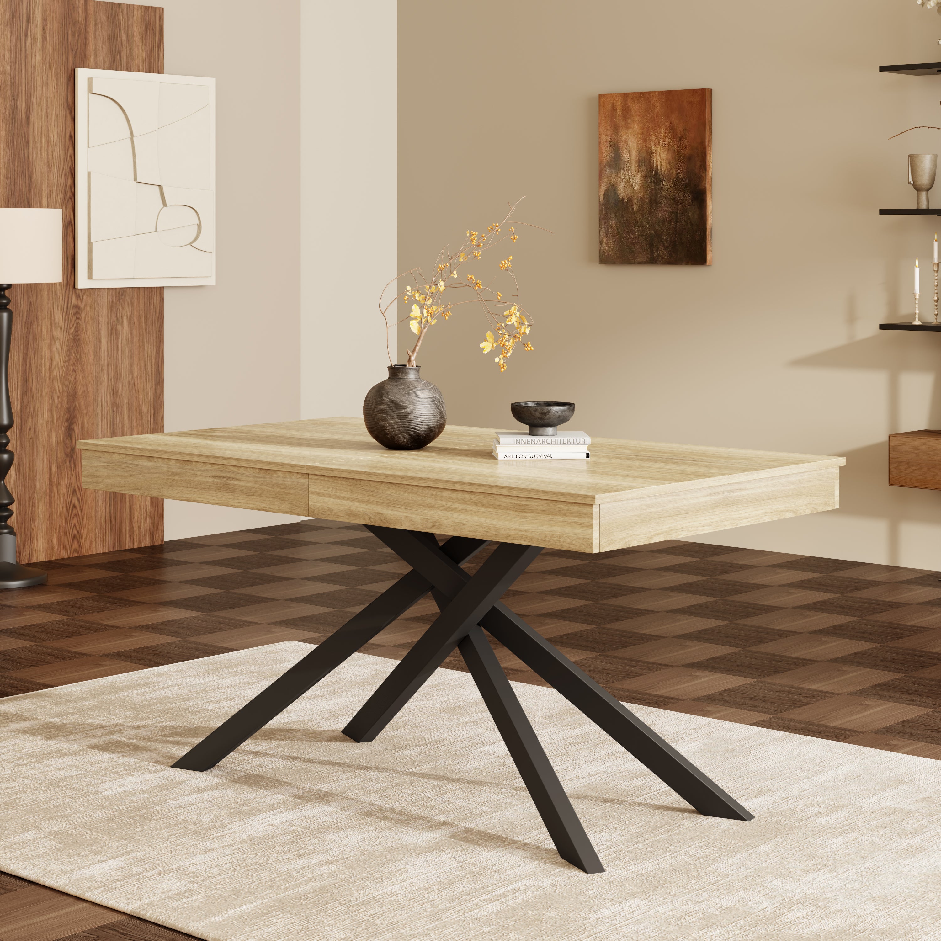 Prostokątny stół rozsuwany 140/180x80x76 cm - Na 6 do 8 osób - Gruby blat - Nogi metalowe - Kolor naturalny