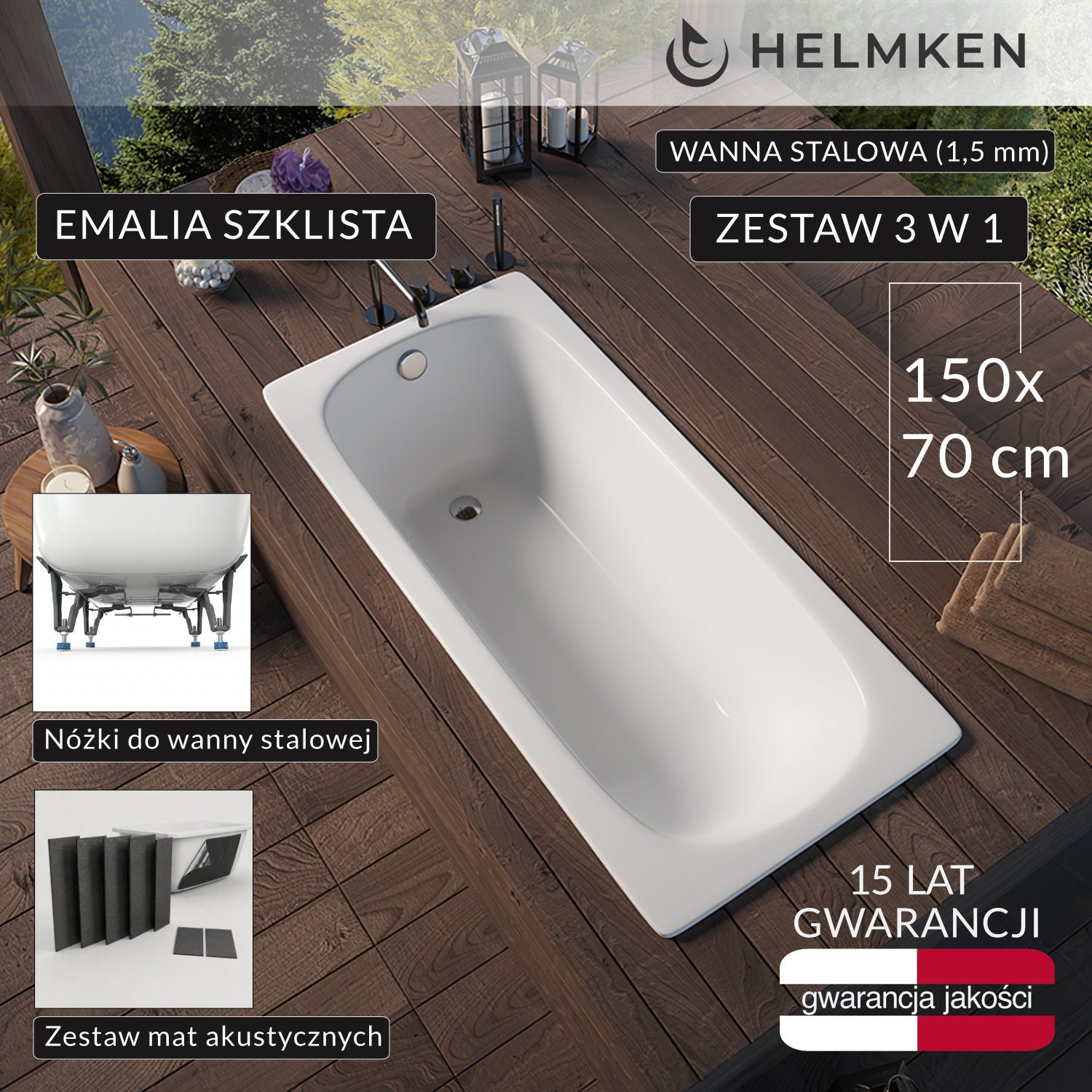 Wanna prostokątna stalowa (1,5 mm) Helmken TIVA 150 / XGB1150, 150 x 70 сm + Nóżki + Zestaw mat akustycznych