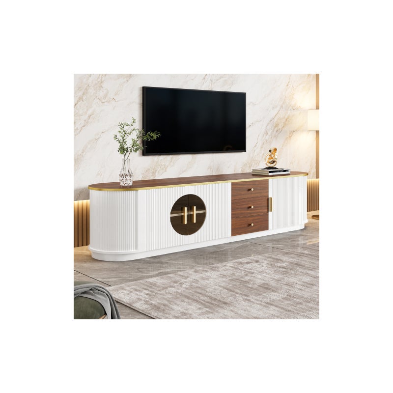 Luksusowa szafka pod telewizor 180x40x46cm - 3 drzwi i 3 szuflady - Brązowe szkło - Zaokrąglone narożniki - Płyta MDF - Biała