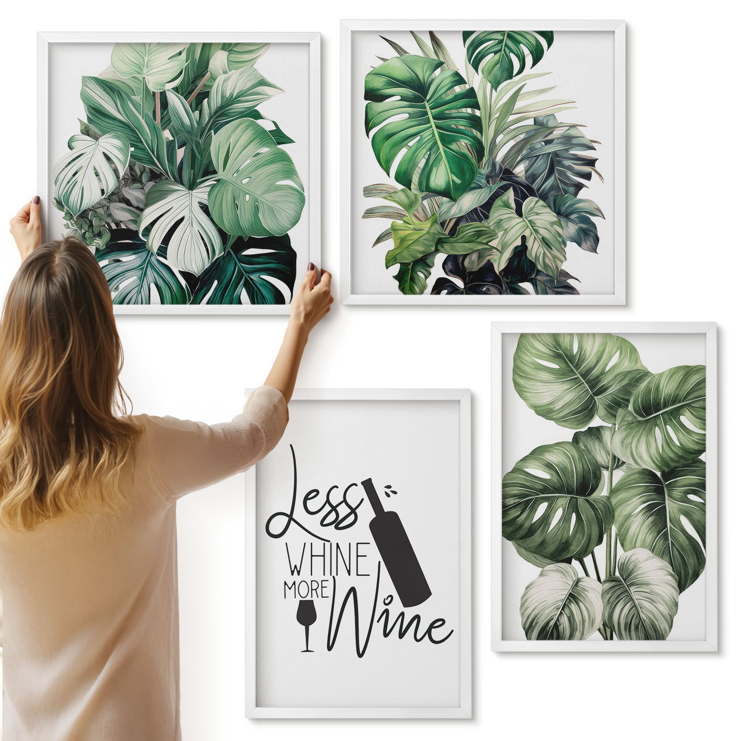 Galeria ścienna 4-częściowy komplet obrazów w białych ramach - Liście roślin w zielonych odcieniach z napisem o winie - ArtPrintCave