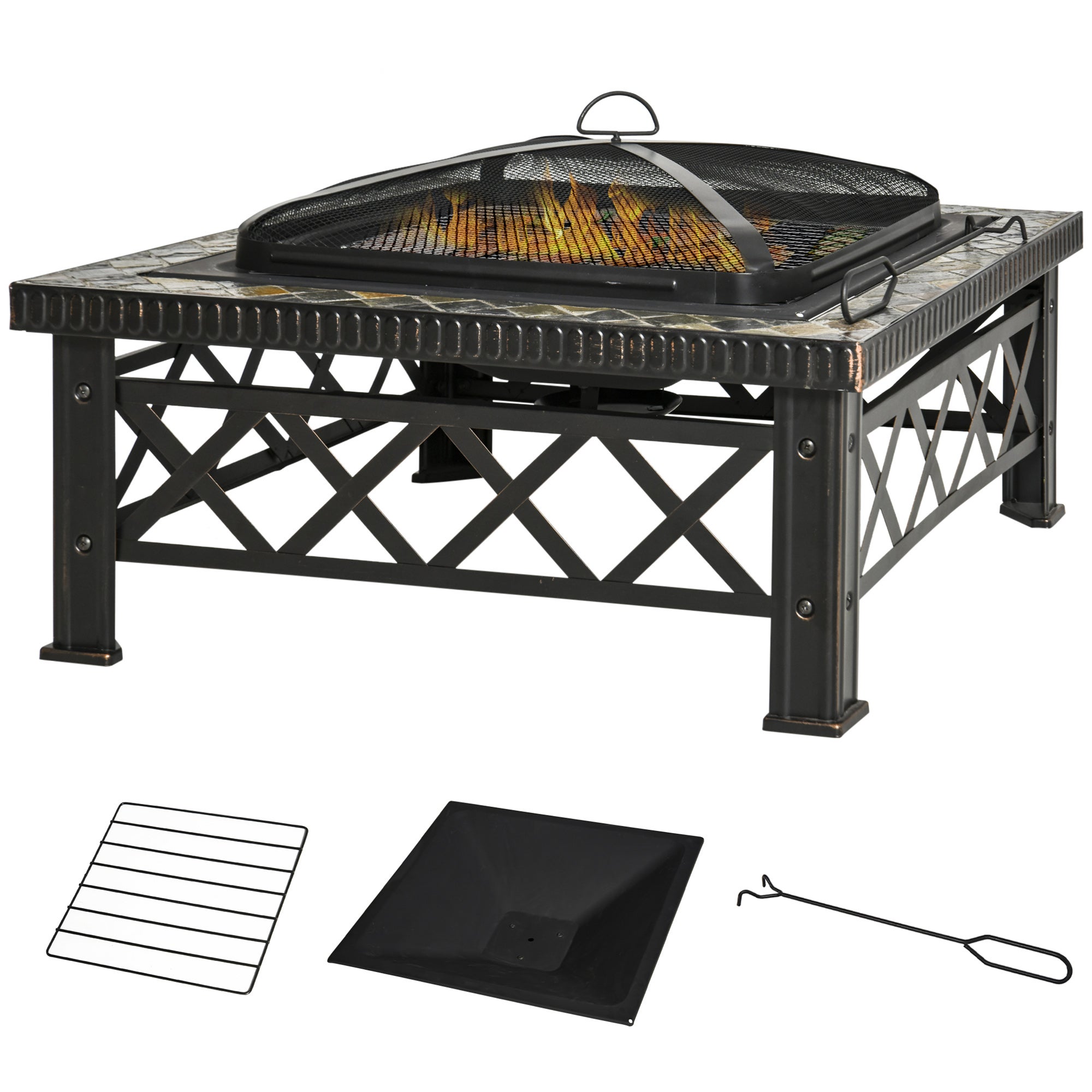 Palenisko/łazienka 3 w 1 z ekranem przeciwiskrowym, czarny grill 76x76x47 cm