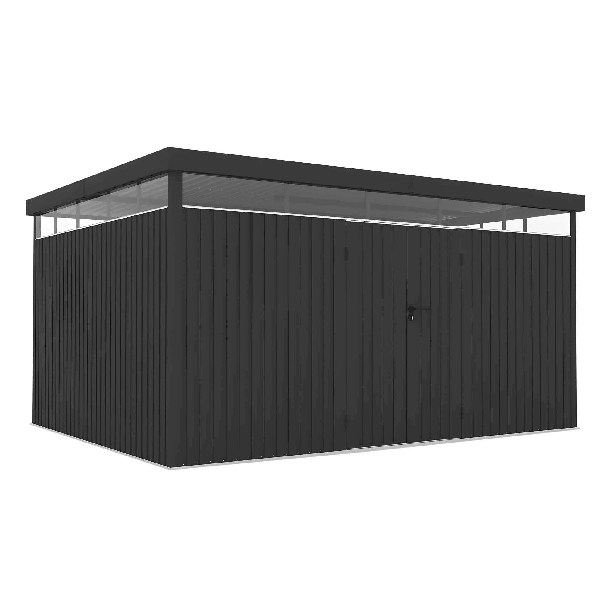 Domek narzędziowy metalowy Quarz 12,07 m², 307x393x203 cm, 0.40 mm, lampa, zamek na klucz, świetlik 360°, dach płaski, schowek na narzędzia