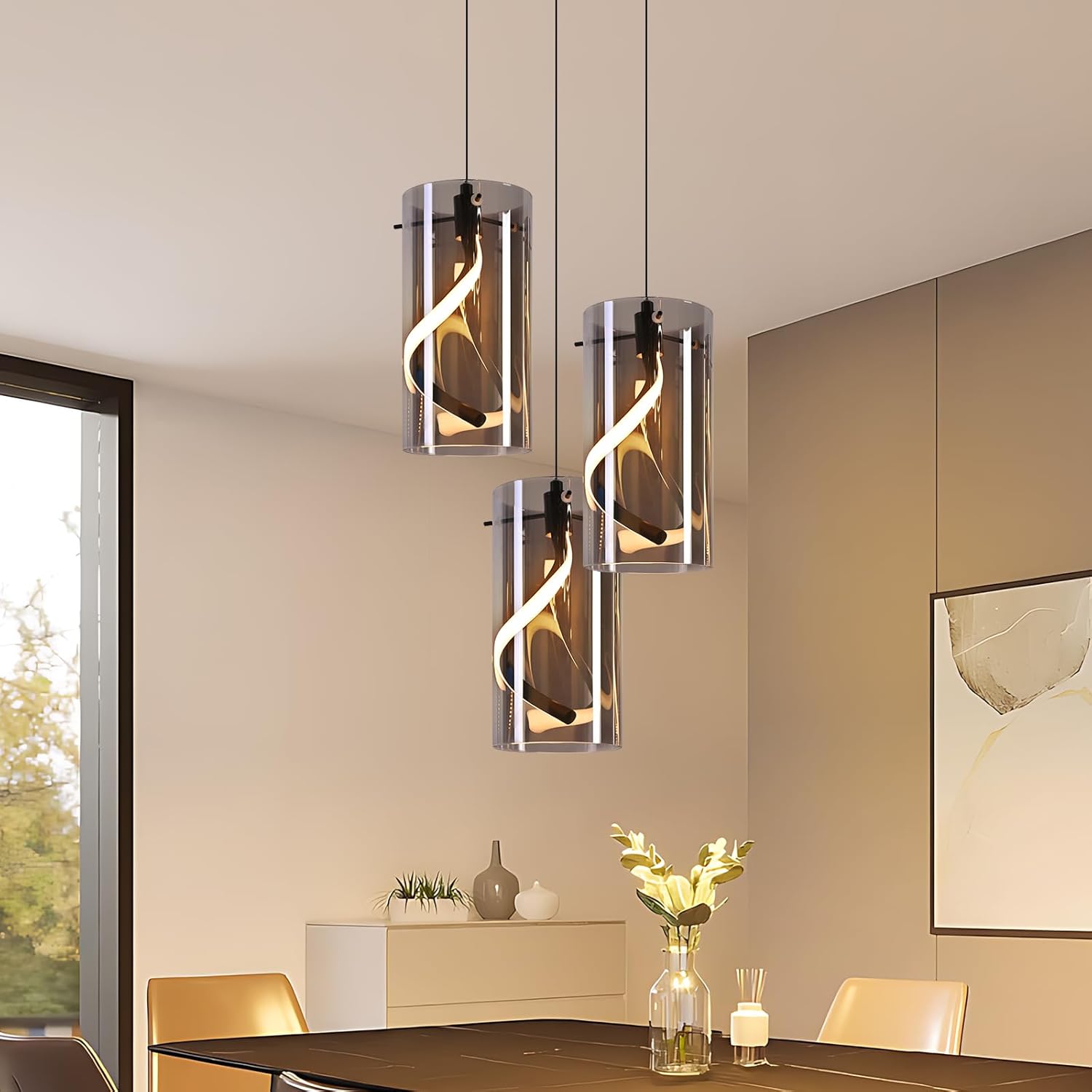 Lampa wisząca LED Nettlife Vintage z 3 źródłami światła – okrągła, przydymione szare szkło, 33W, 3000 K, w stylu retro, regulowana