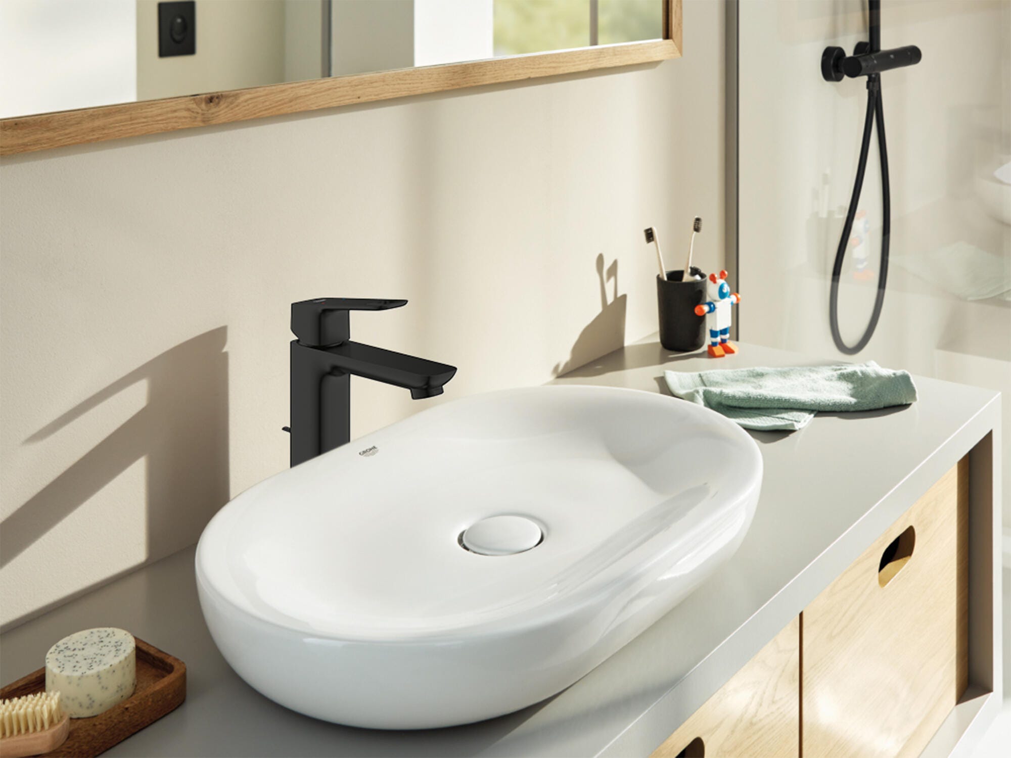 Bateria umywalkowa jednouchwytowa GROHE Clova Pulse, rozmiar M, czarny mat, z korkiem automatycznym