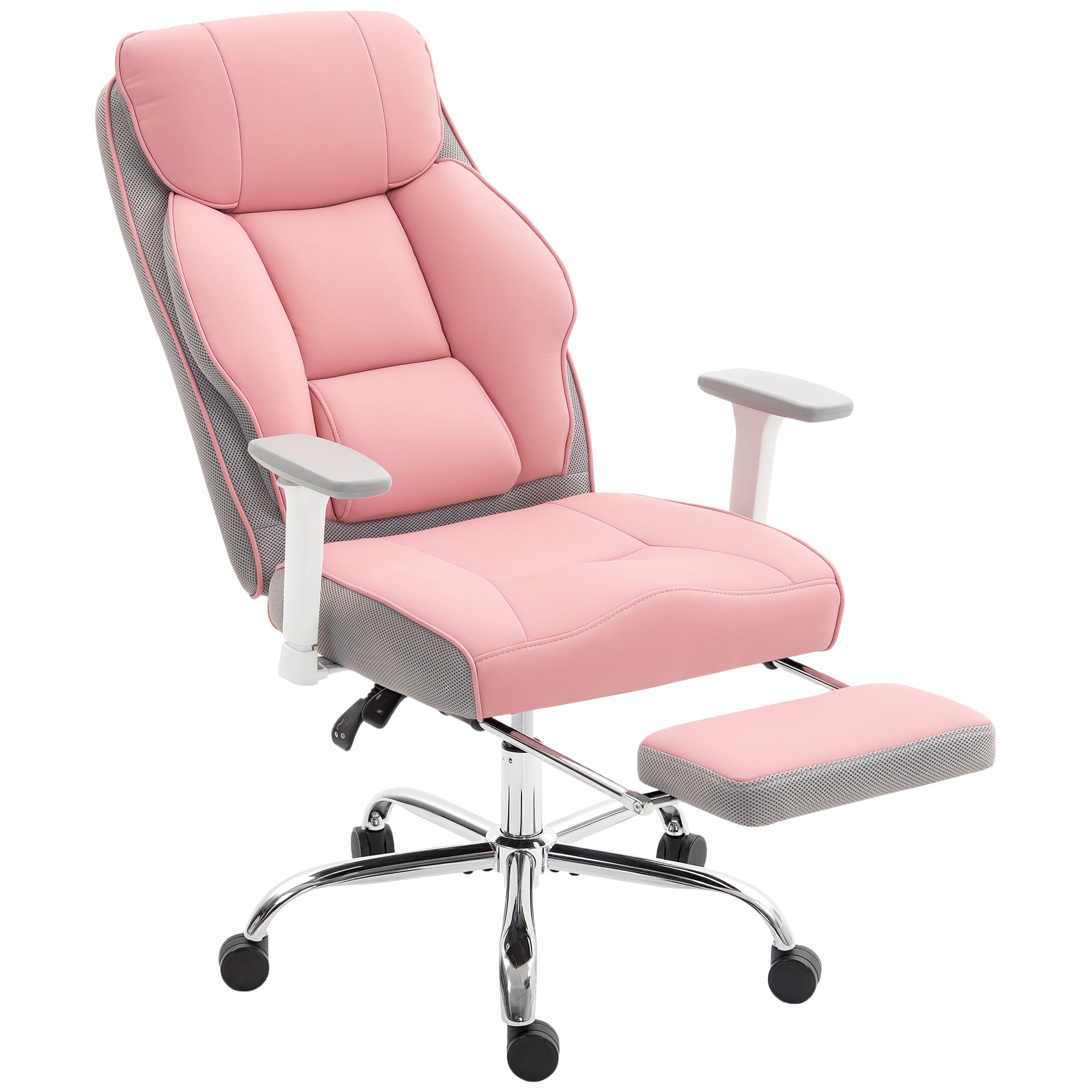 Ergonomiczny fotel biurowy z regulowanymi podłokietnikami, podnóżkiem i zagłówkiem, różowy
