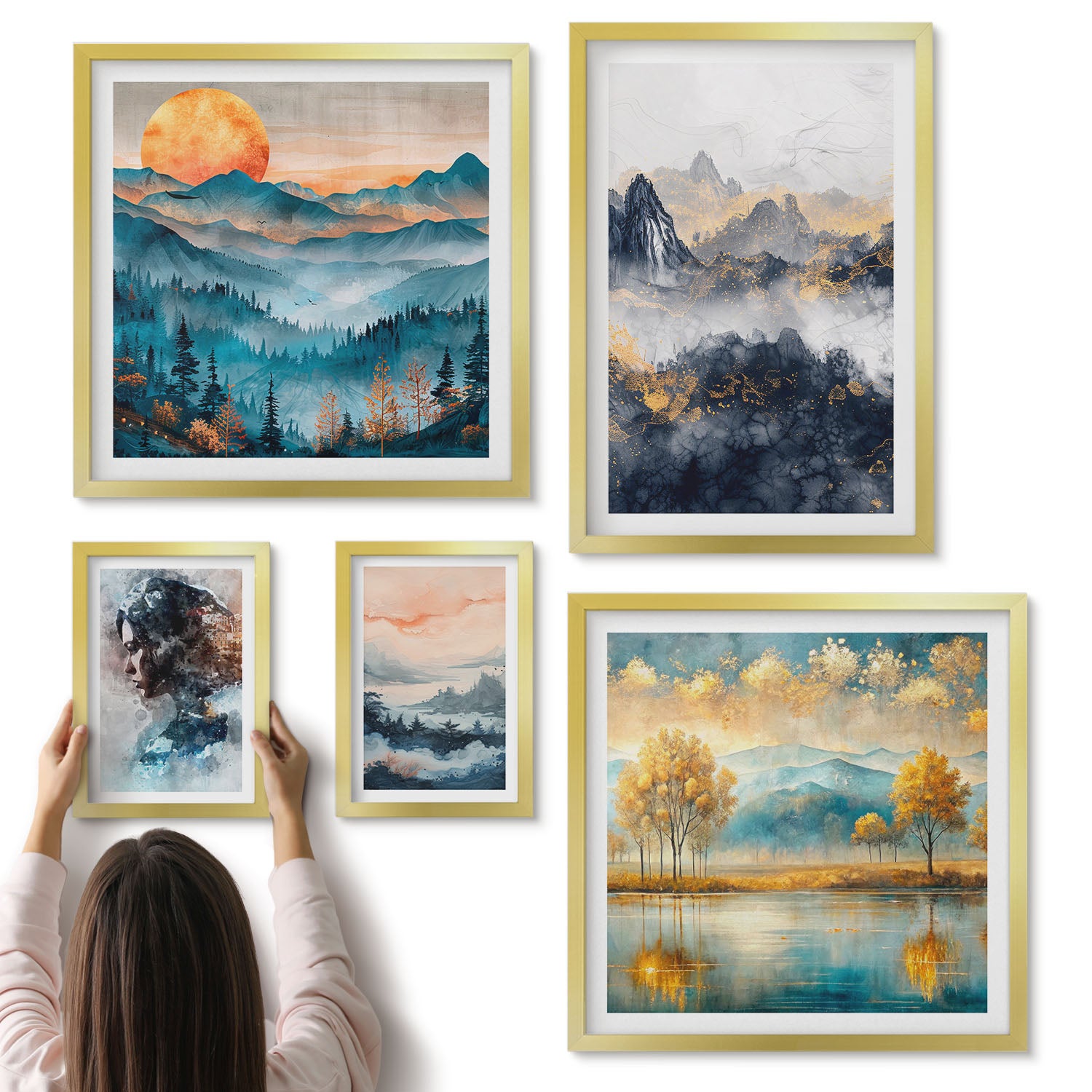 Galeria ścienna 5-częściowy komplet obrazów w złotych ramach - Krajobrazy górskie z portretami i naturalnymi pejzażami - ArtPrintCave