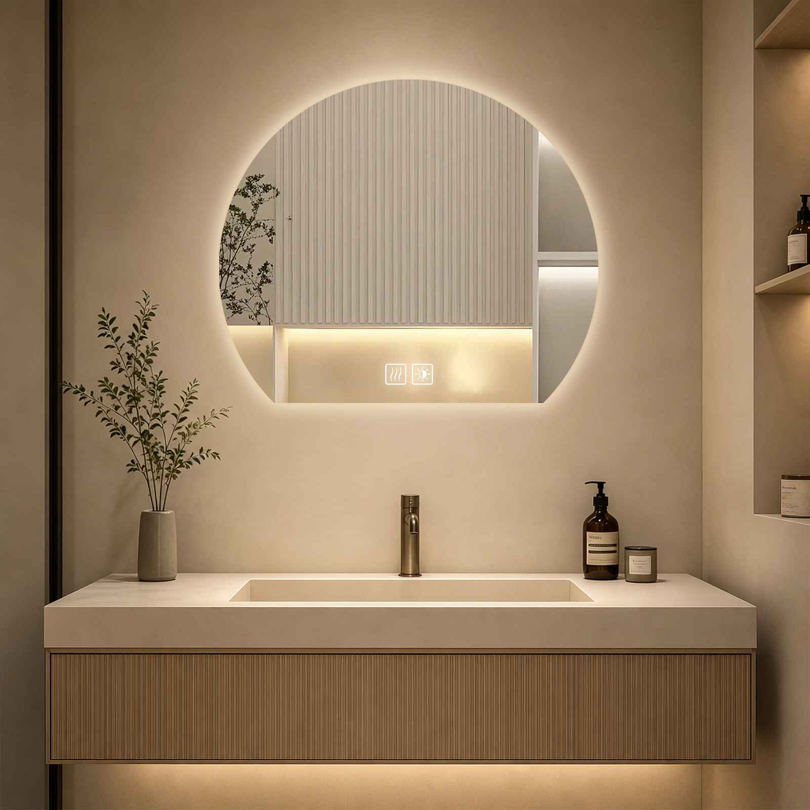 Lustro łazienkowe LED półokrągłe 50×43 cm, przeciwmgielne, sterowanie dotykowe, 3 kolory światła i regulacja jasności, bezramkowe
