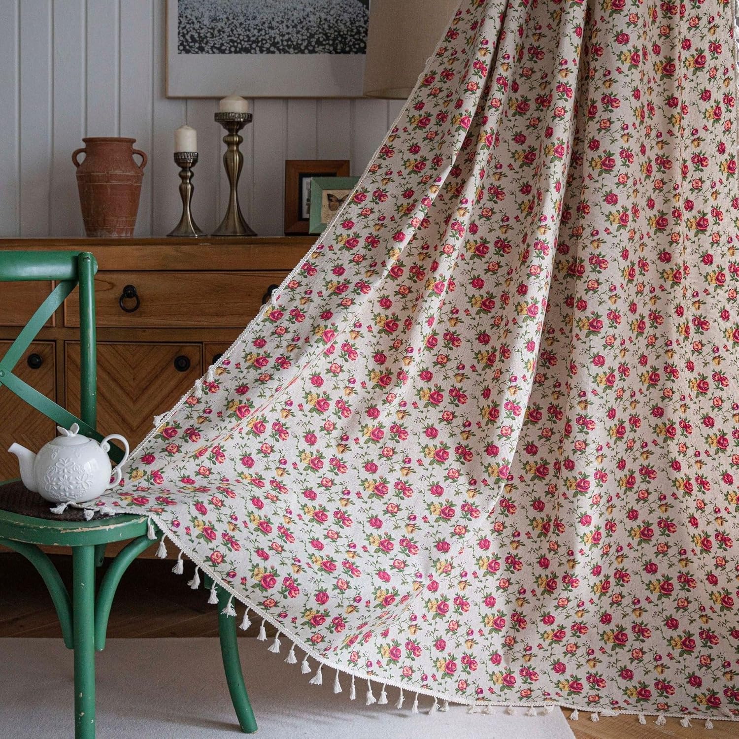 (Rozmiar: 150x220 cm) Boho, kwiatowe, zaciemniające zasłony do sypialni w stylu shabby chic, zaciemniające, termoizolacyjne, grube panele, zasłony z